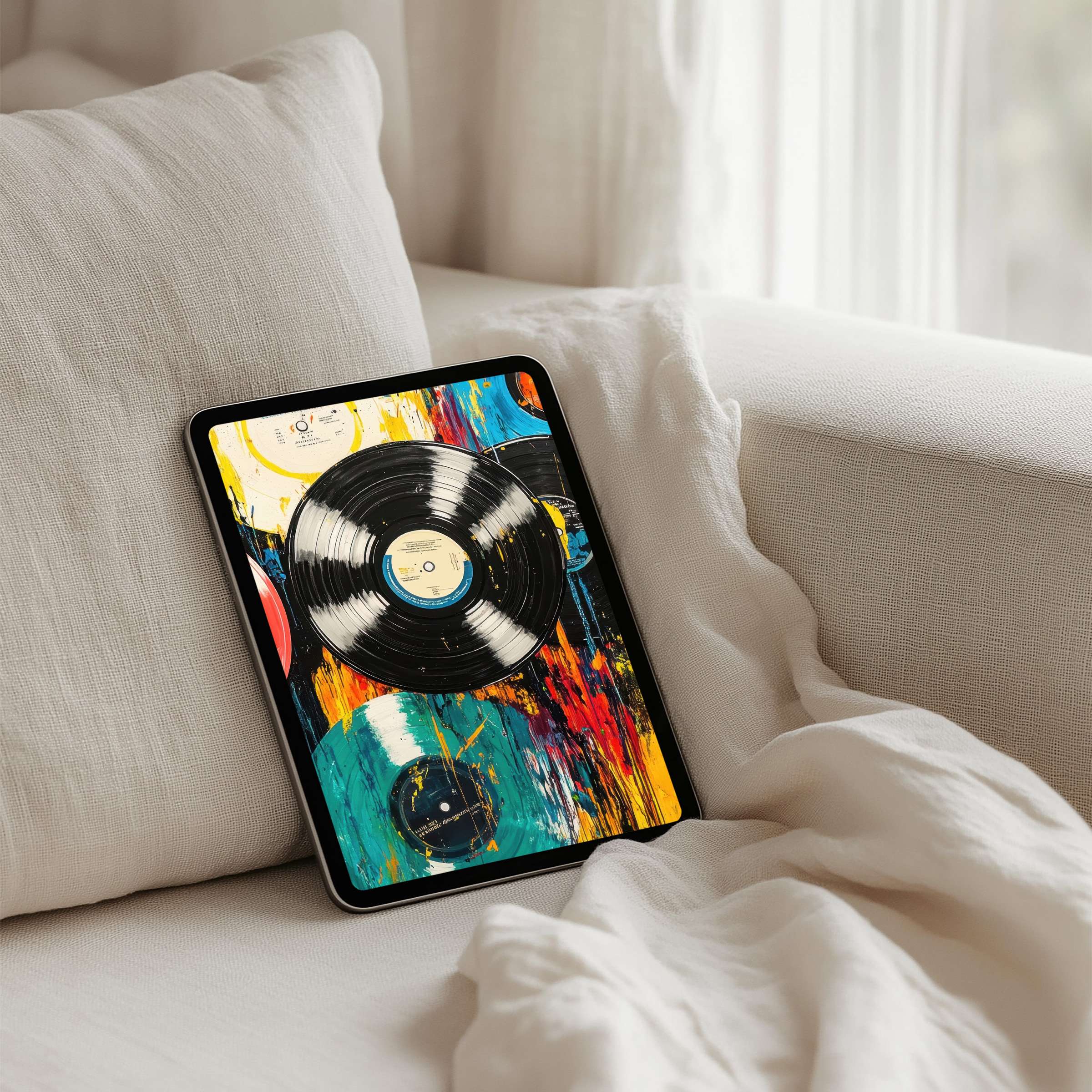Vibrant vinyl record art iPad background for tablets offers instant download inviting calm elegance and artistic inspiration