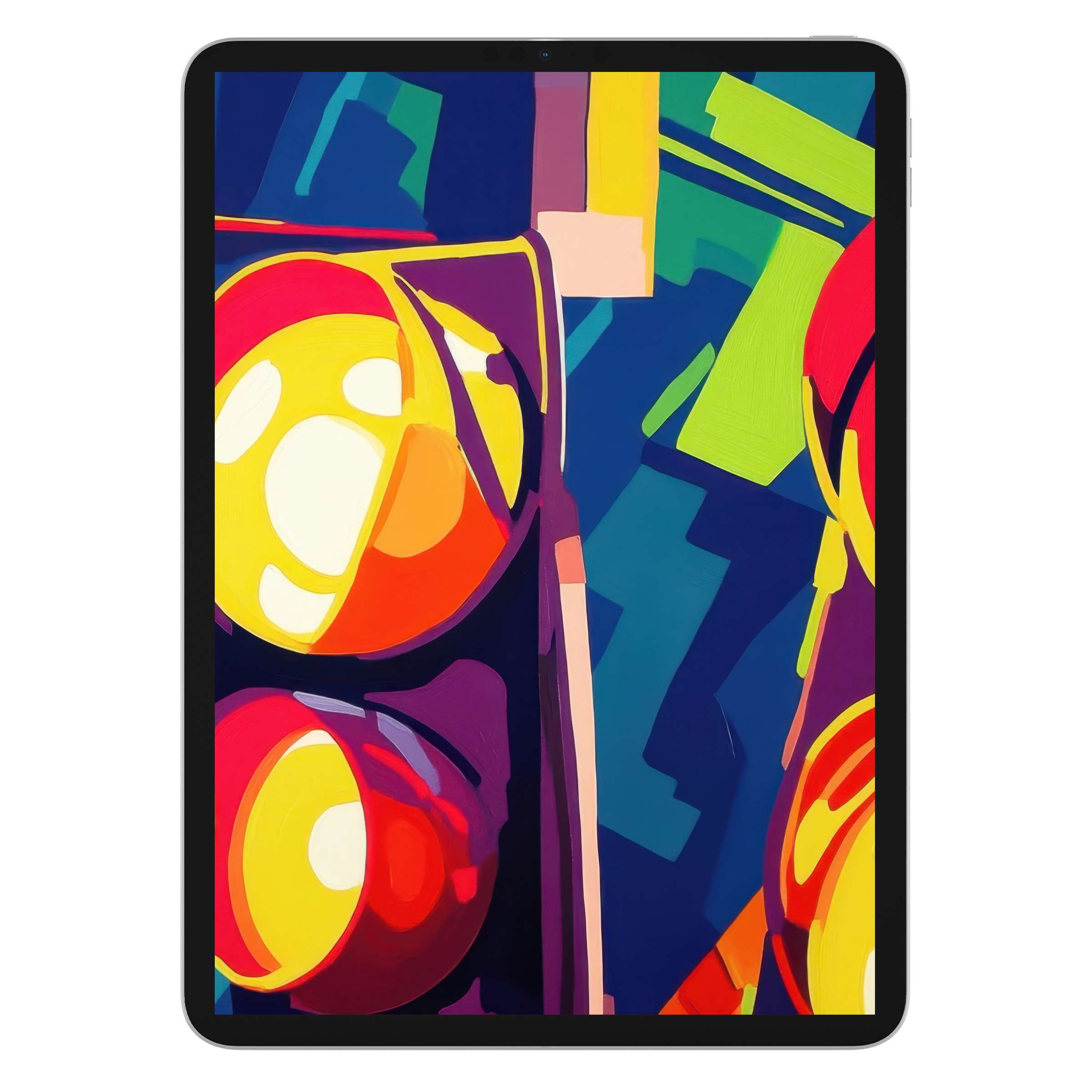 Vibrant pop art iPad wallpaper featuring bold geometric shapes in red, yellow, and blue digital download for tablet background