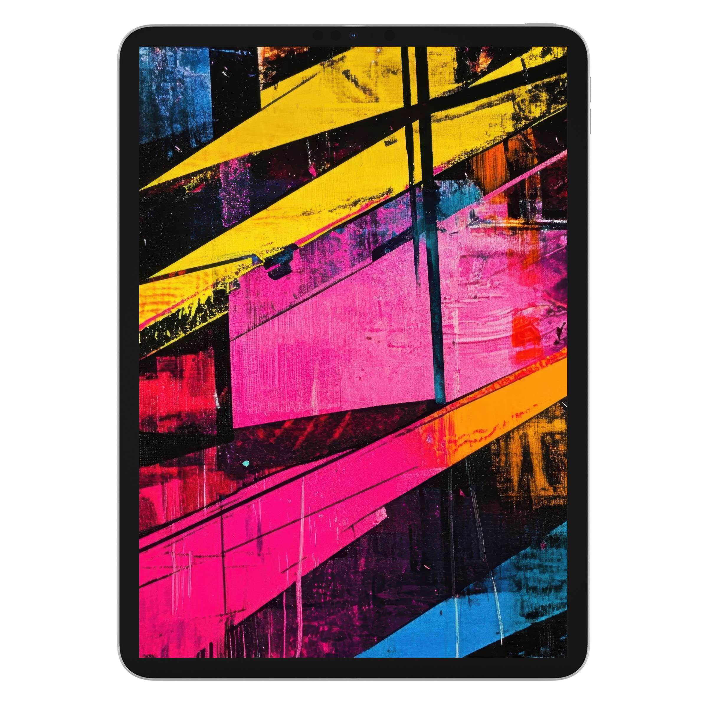 Vibrant pop art iPad wallpaper with bold pink, yellow, and blue abstract design ideal for tablet background digital download