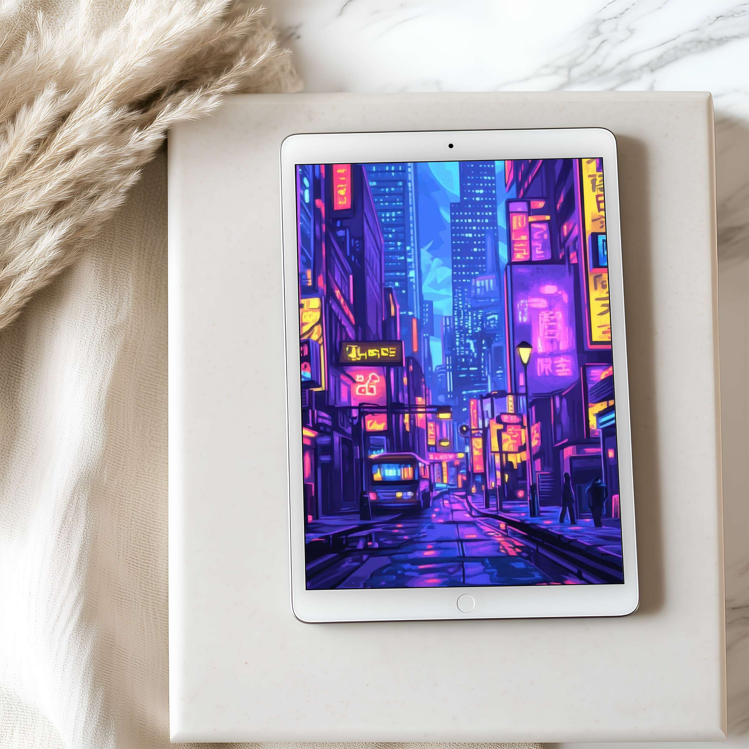 Vibrant cityscape digital art offers a high resolution tablet wallpaper, perfect for iPad and Android, enhancing serene interior design