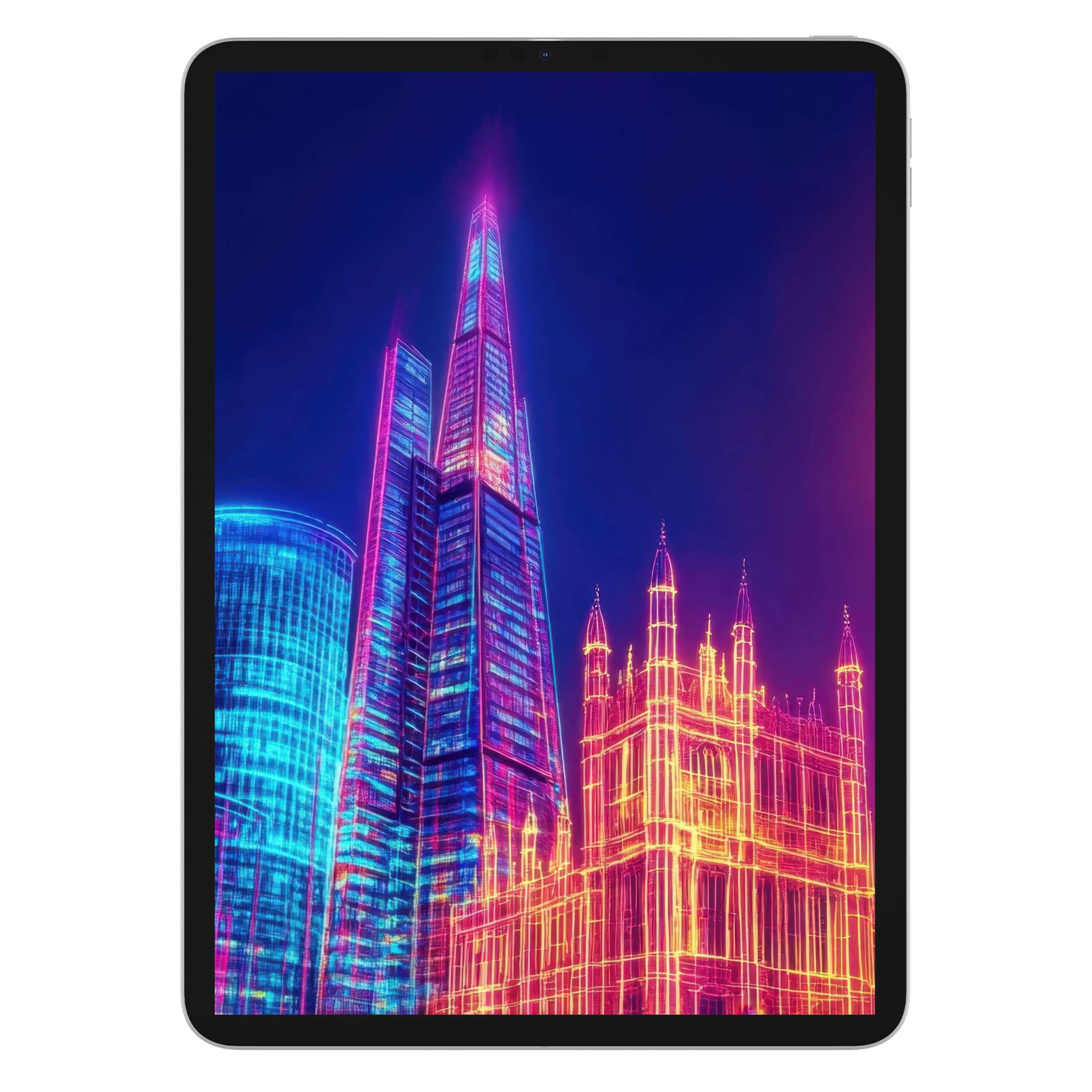 Vibrant pop art iPad wallpaper featuring neon cityscape, ideal digital download for calm, aesthetic tablet background on Samsung or Android