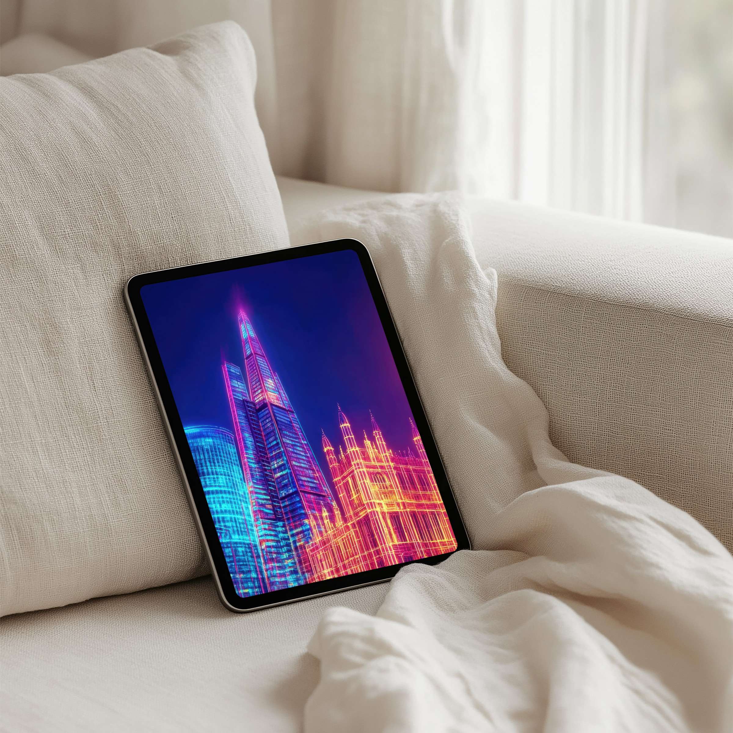 Vibrant neon cityscape iPad background for instant download enhances your tablet with elegance and calm contemporary inspiration
