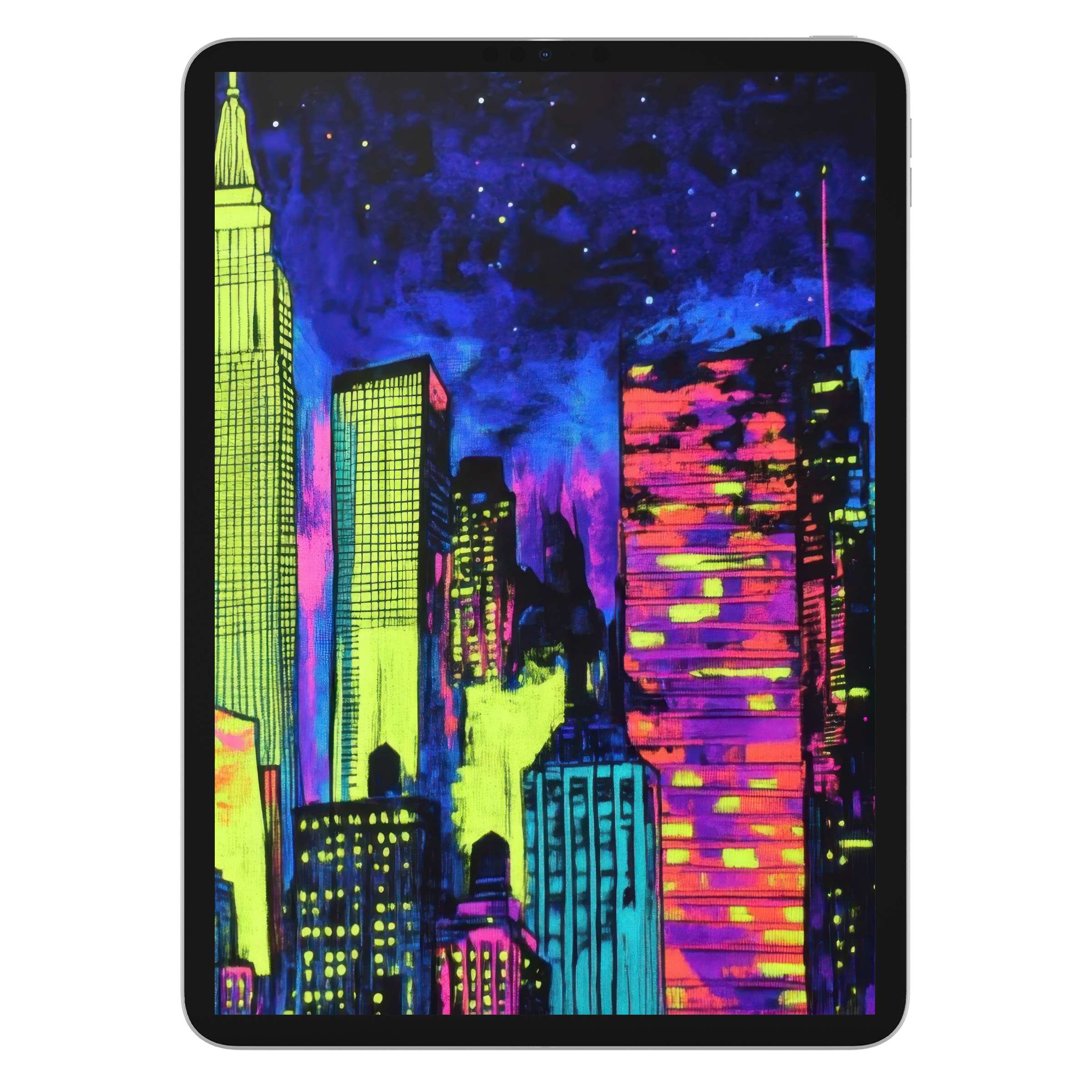 Vibrant pop art iPad wallpaper featuring neon cityscape ideal for digital download as a serene tablet background for Android users