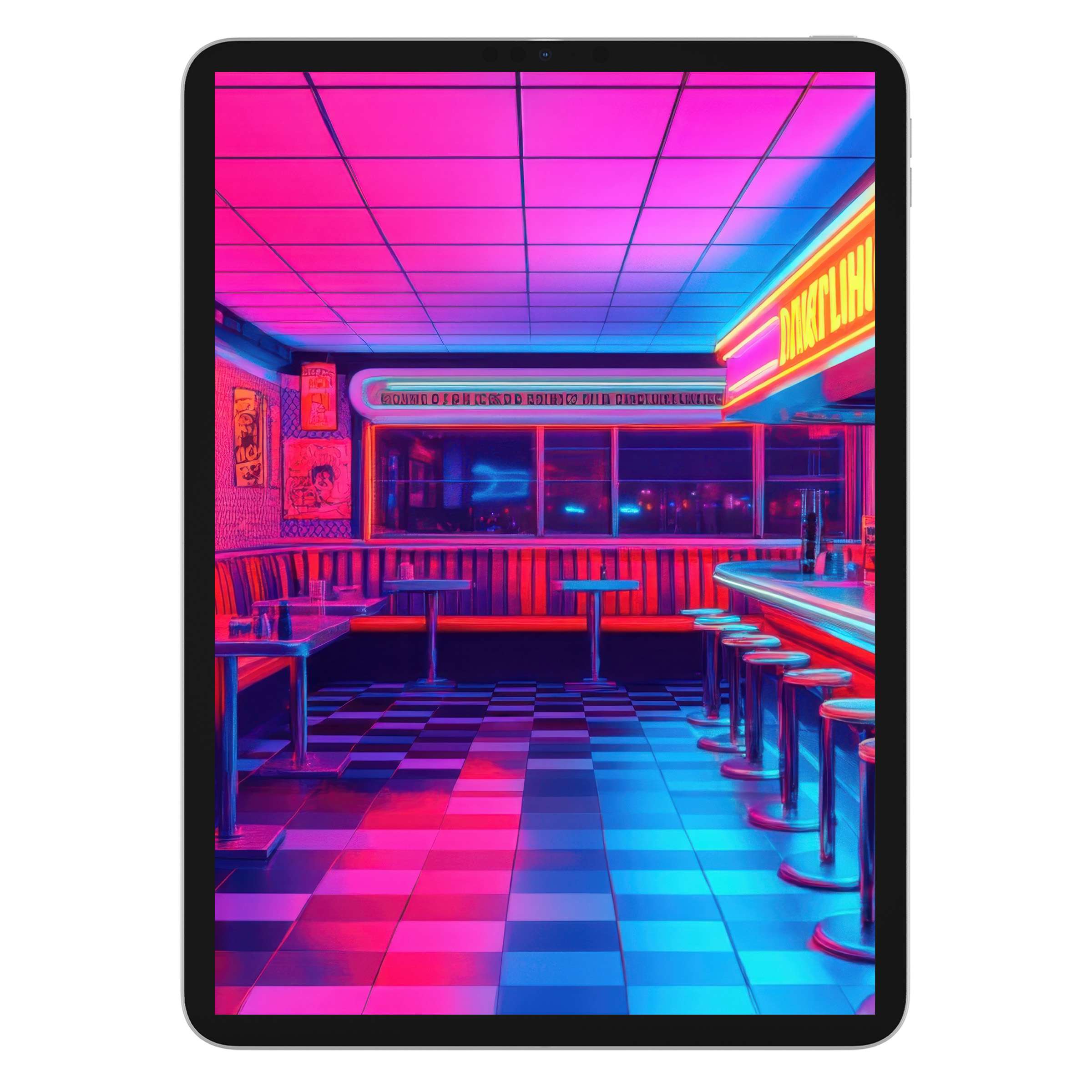 Vibrant pop art iPad wallpaper with neon diner glow captures retro elegance, perfect digital download background for any tablet use