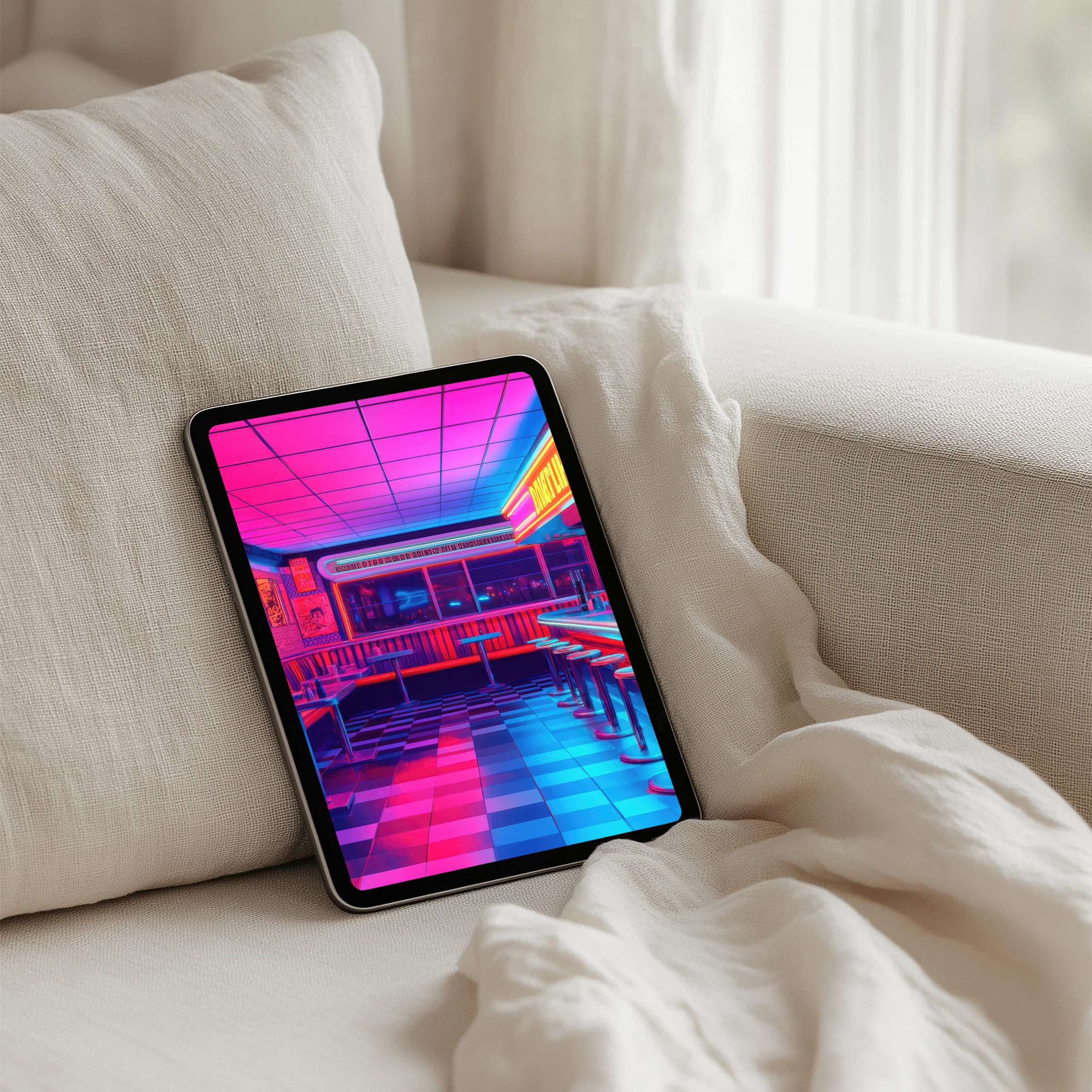 Vibrant neon diner scene iPad background for instant download evokes retro calm, perfect for any tablet including Samsung and Android