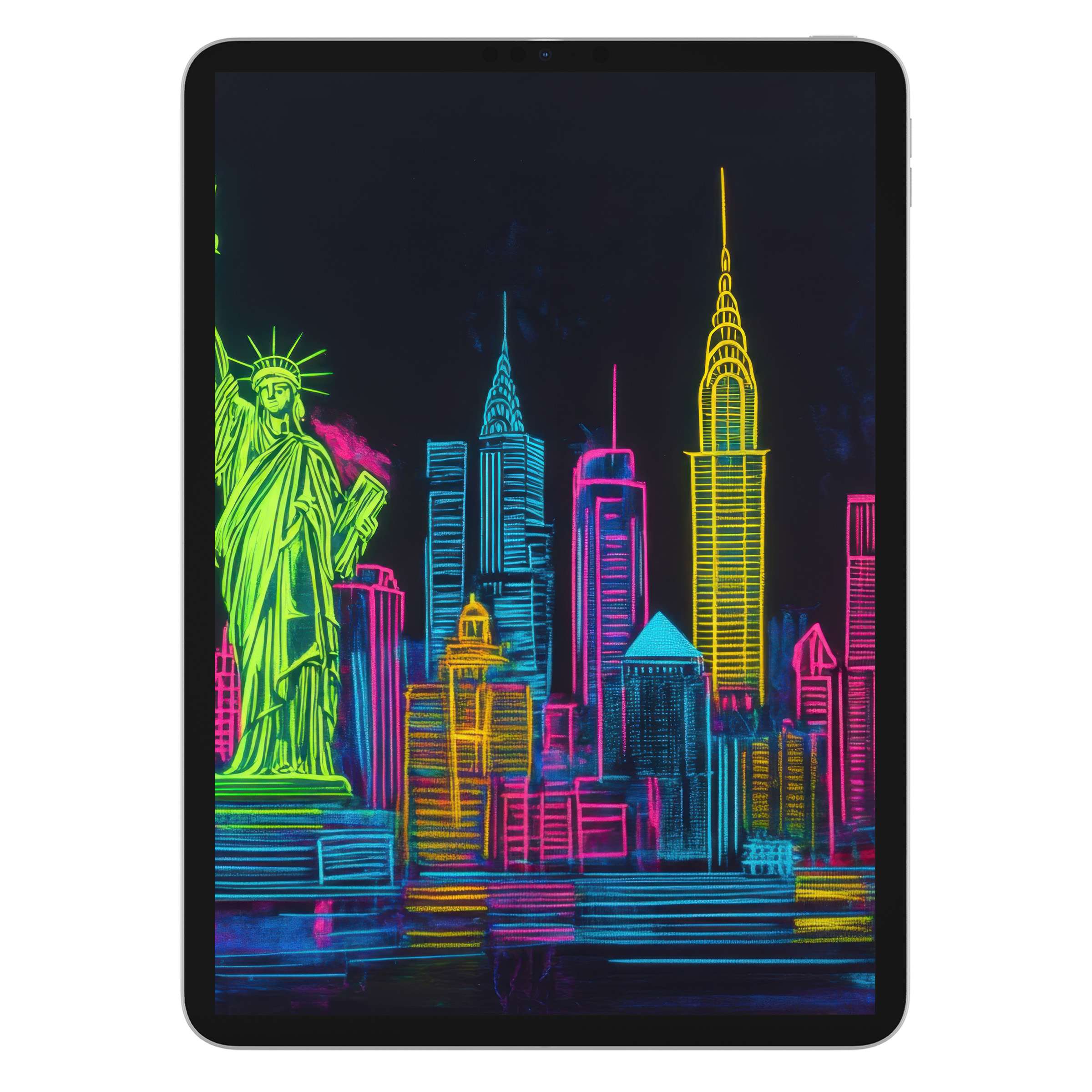 Vibrant pop art iPad wallpaper showcasing a neon New York City skyline, perfect as a digital download for tablet backgrounds