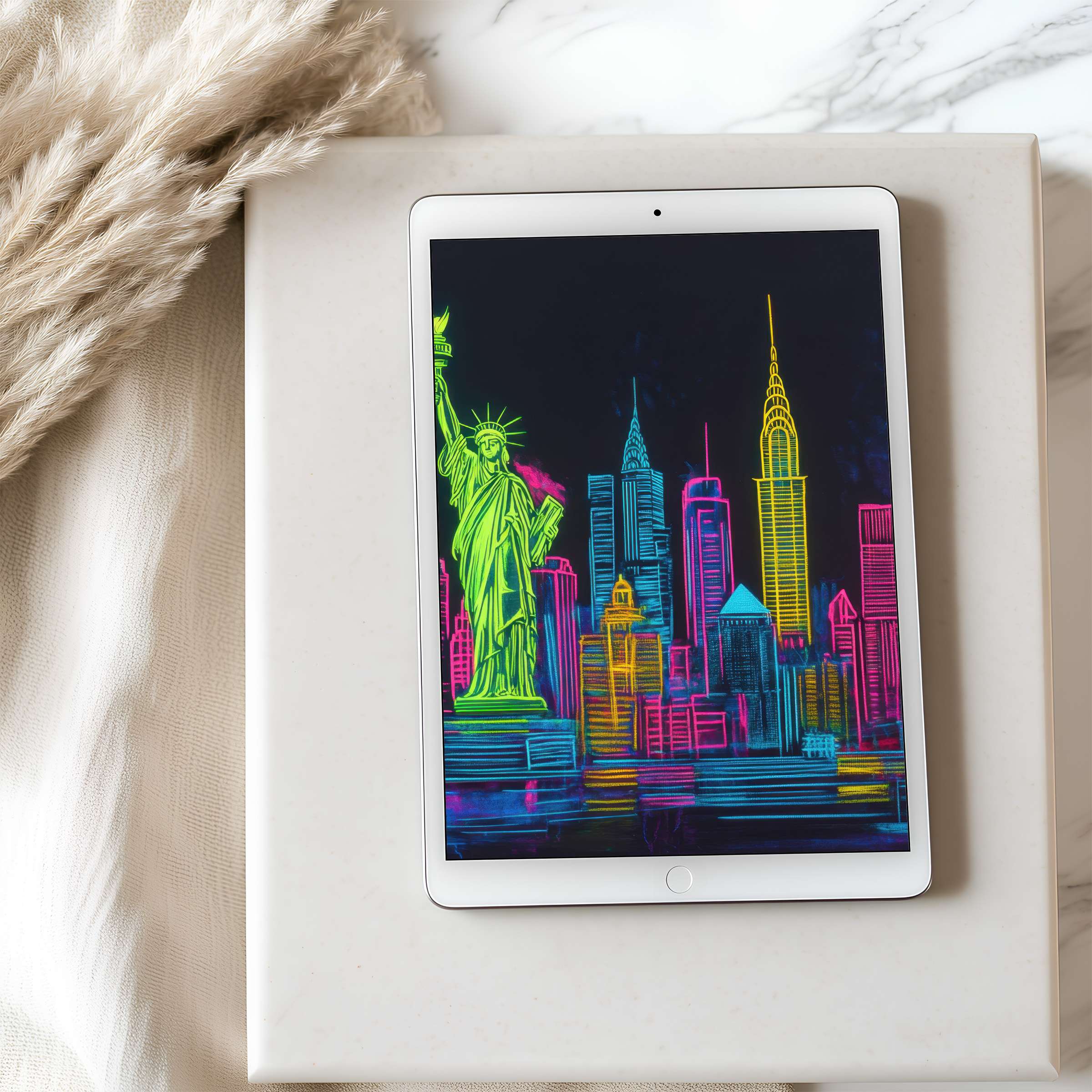 Elegant neon cityscape tablet wallpaper on an iPad, vibrant colors inspire serenity and style, perfect high-resolution digital download