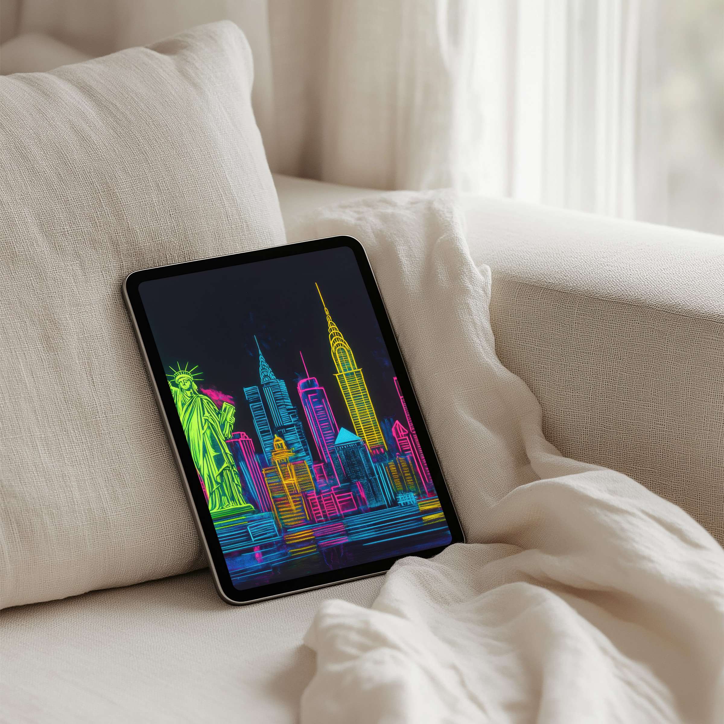 Elegant neon skyline iPad background for instant download brings calm and inspiration to any Samsung or Android tablet