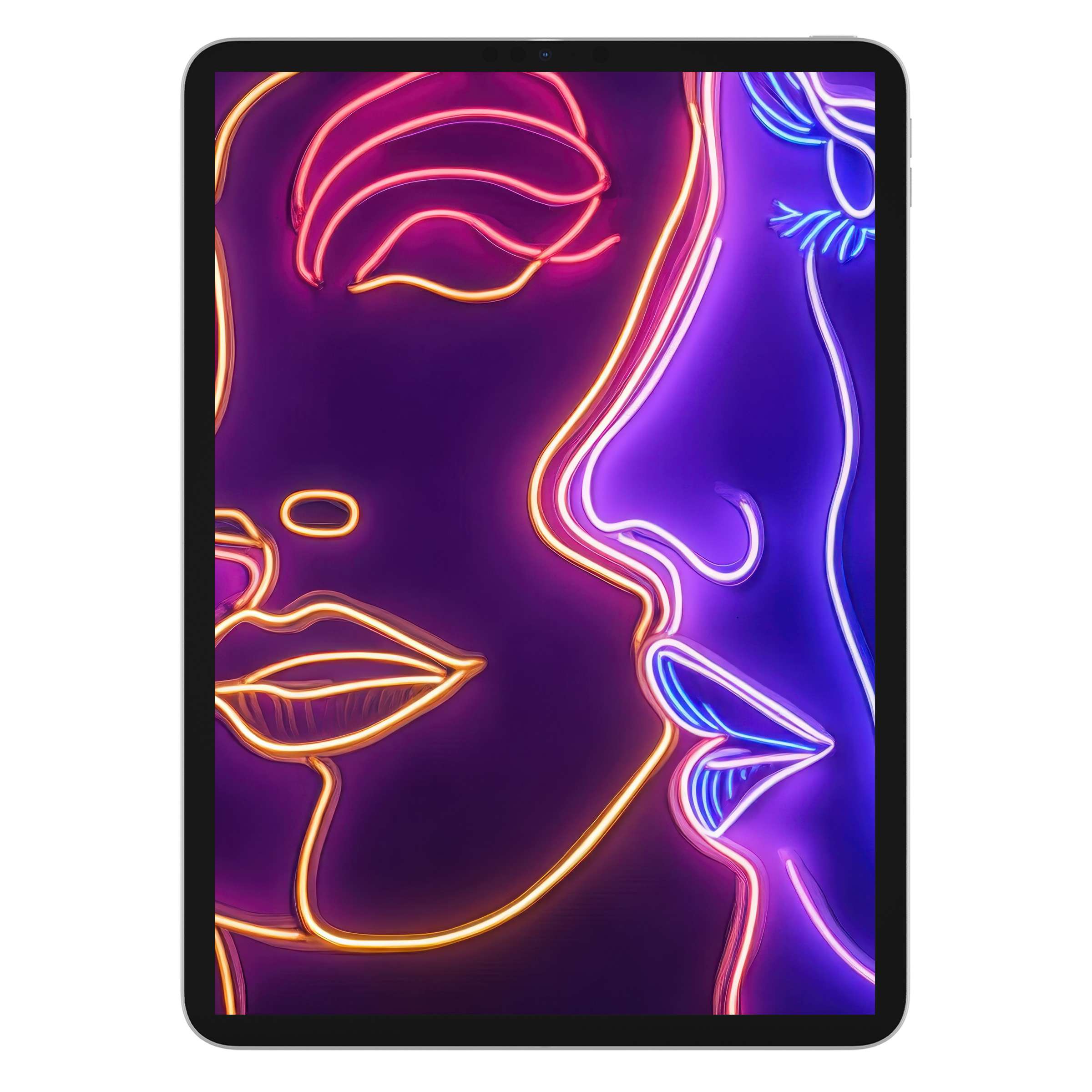 Elegant pop art iPad wallpaper featuring neon abstract faces in vibrant hues, ideal digital download for tablets and background use