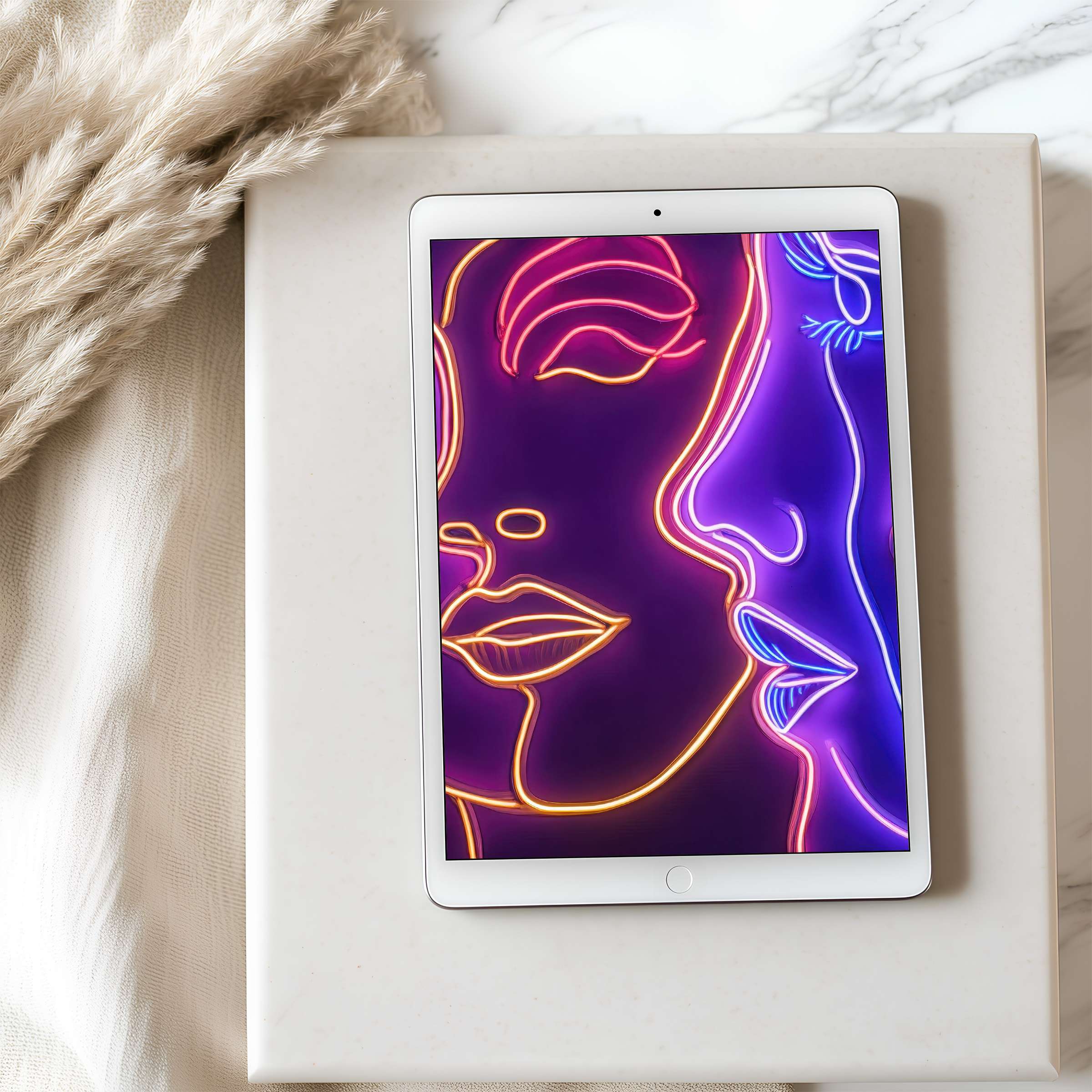 Elegant neon line art in vivid pinks and blues adorns this tablet wallpaper offering high resolution for inspired, serene spaces