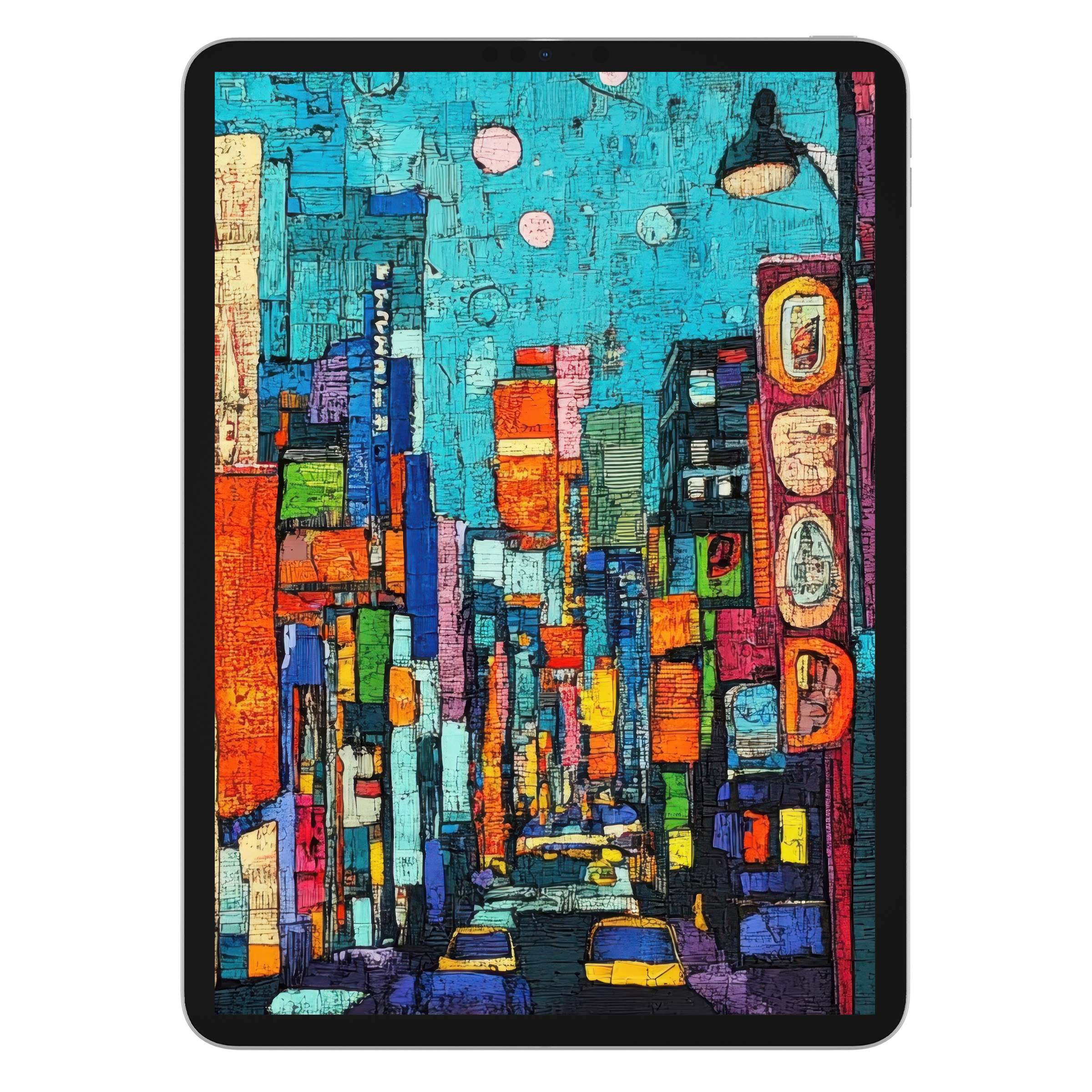 Pop art iPad wallpaper features vibrant cityscape with bright colors and textures, perfect digital download for tablet background use