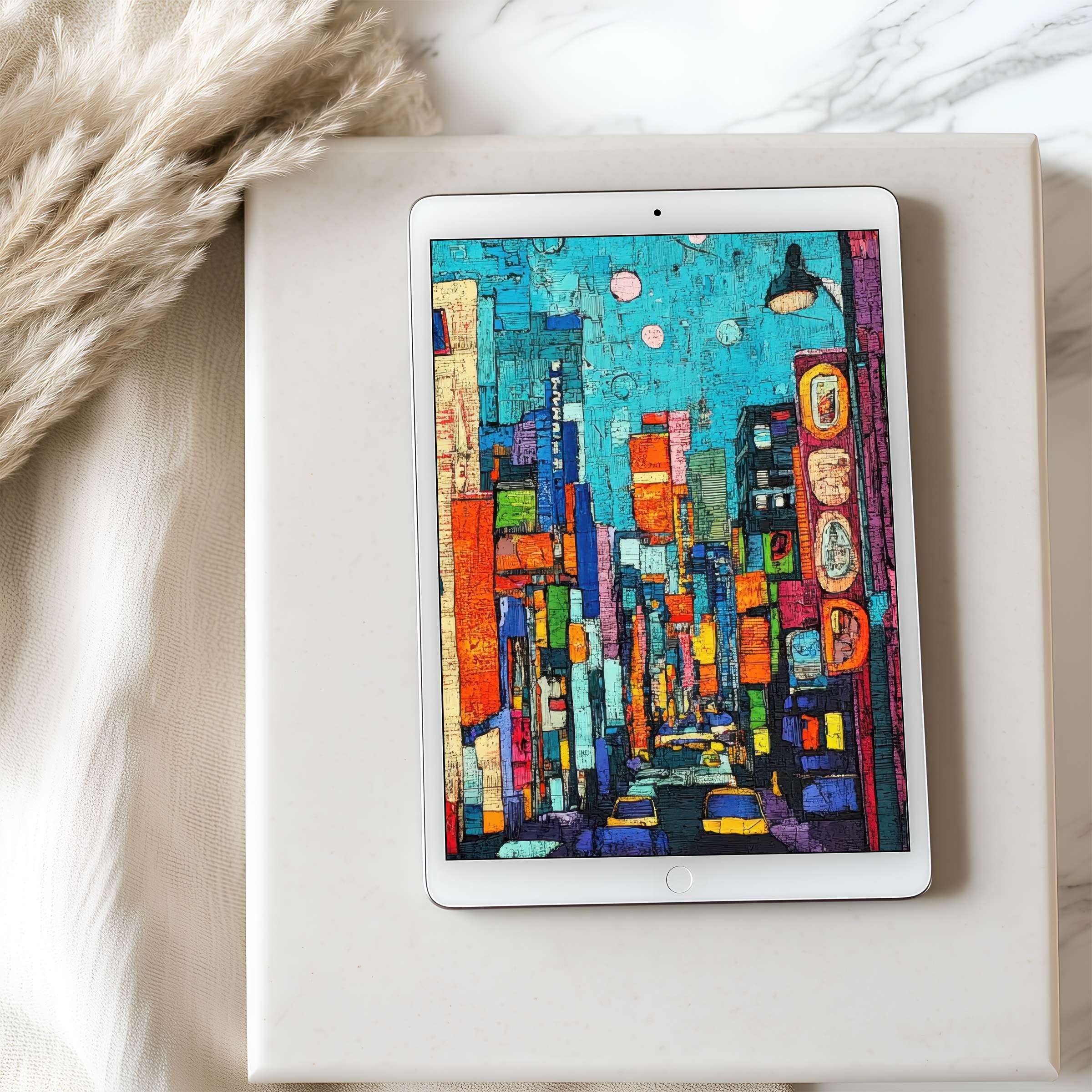 Street art-inspired tablet wallpaper in vivid blue and orange displays on iPad, ideal for high-resolution digital download and decor