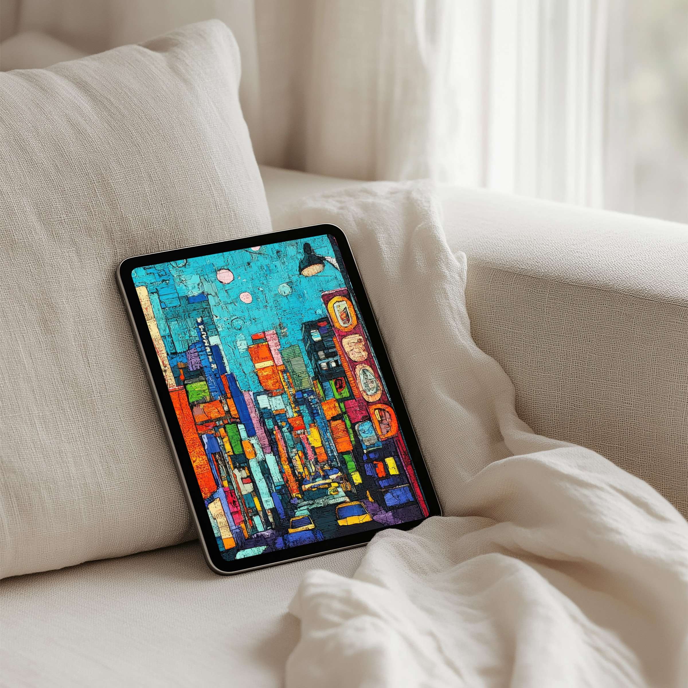 Vibrant cityscape digital art for iPad background on cozy sofa setting instant download perfect for any tablet user seeking elegance