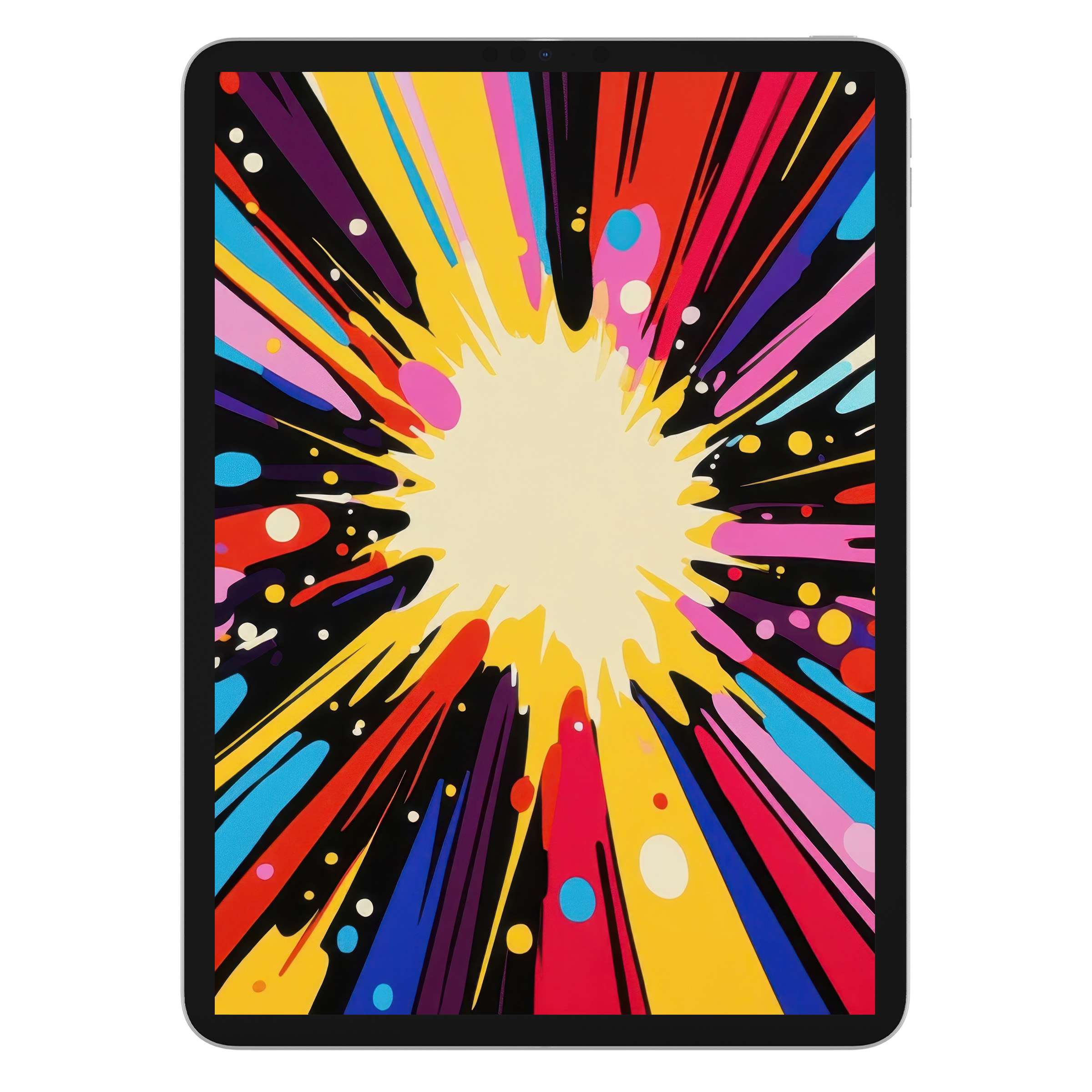 Vibrant pop art iPad wallpaper with bold, colorful bursts ideal as a digital download for tablet background art enthusiasts
