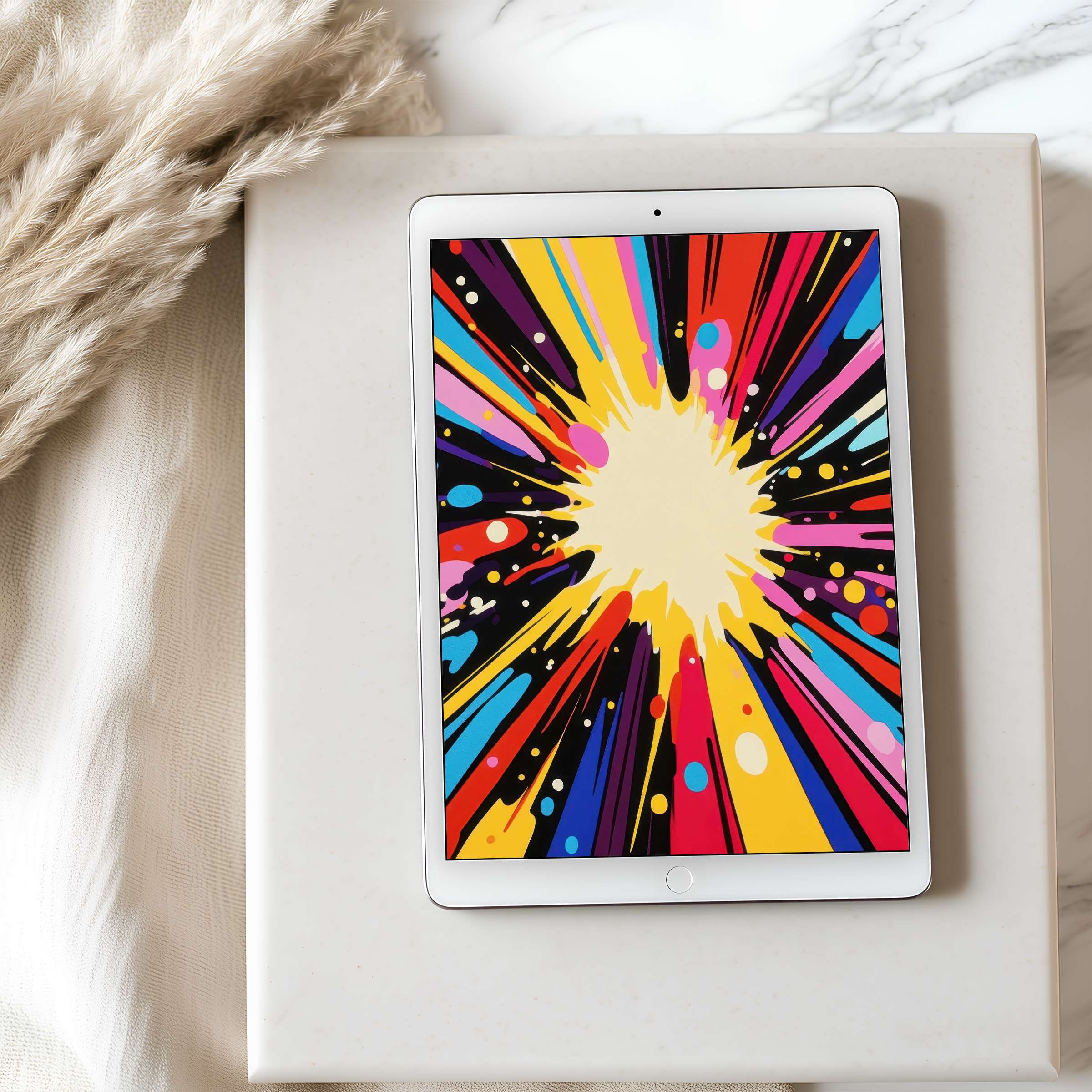 Vibrant abstract explosion on tablet wallpaper offers high resolution for iPad and Android, enhancing spaces with artful energy and tranquility