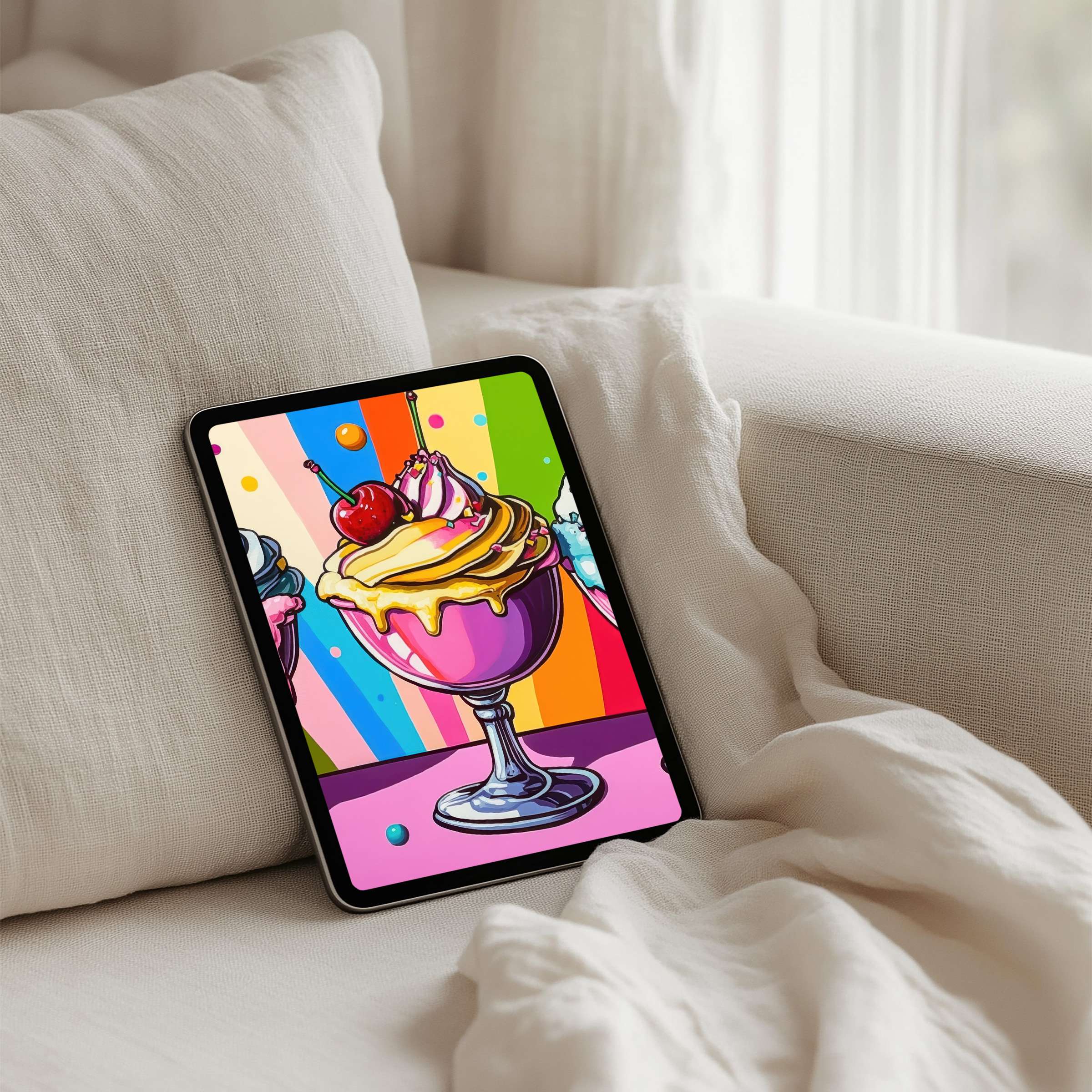 Vibrant pop art sundae iPad background brings elegance and calm to your tablet with instant download for design inspiration