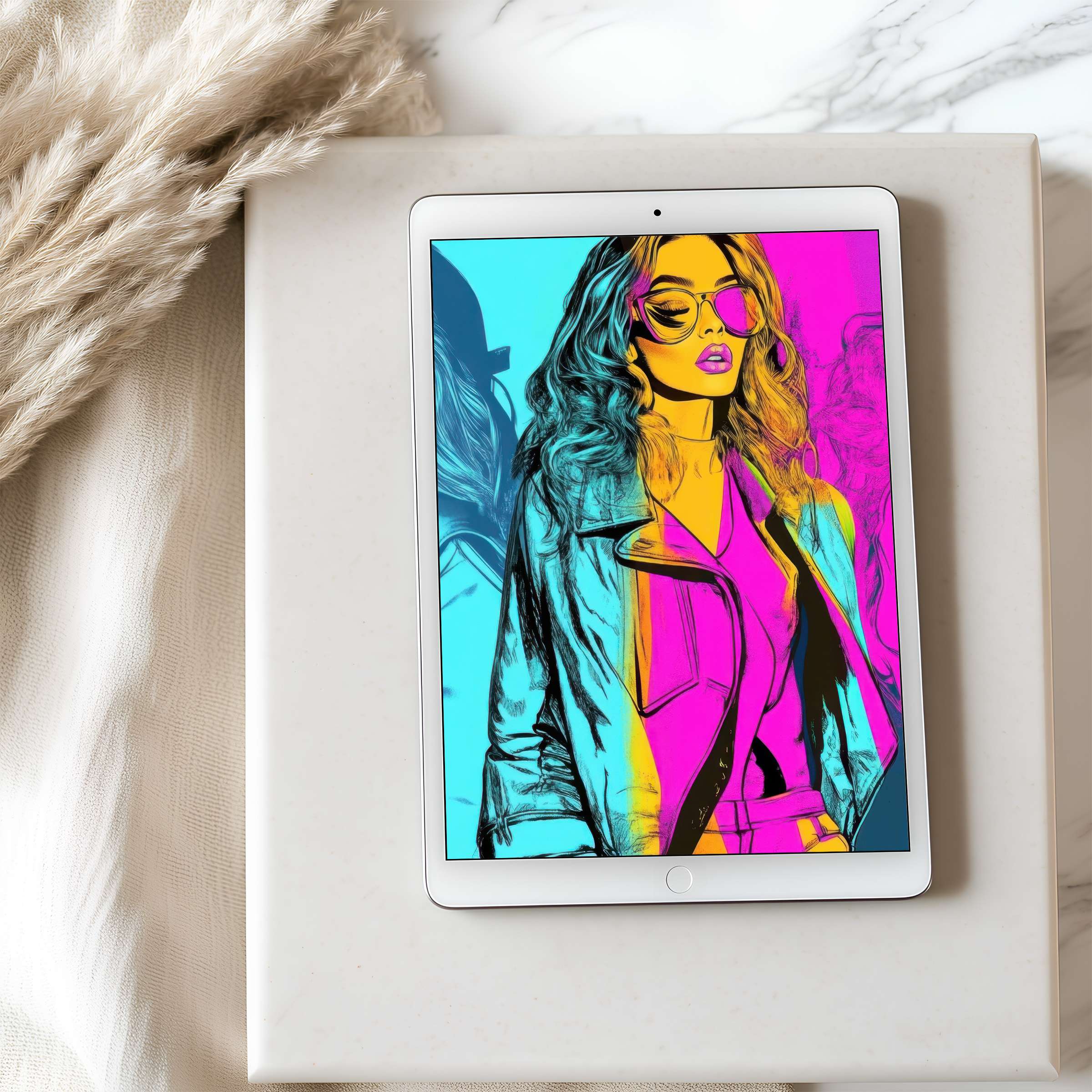 Elegant pop art portrait in vibrant blues, pinks, and yellows as tablet wallpaper, perfect high-resolution download for iPad and Android tablets
