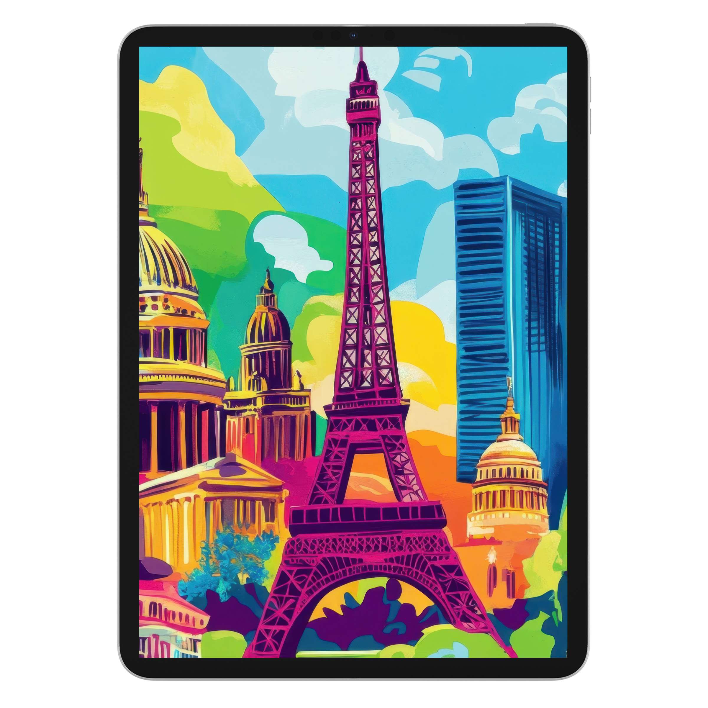 Vibrant pop art iPad wallpaper in colorful cityscape style, a digital download for tablet background and artistic inspiration
