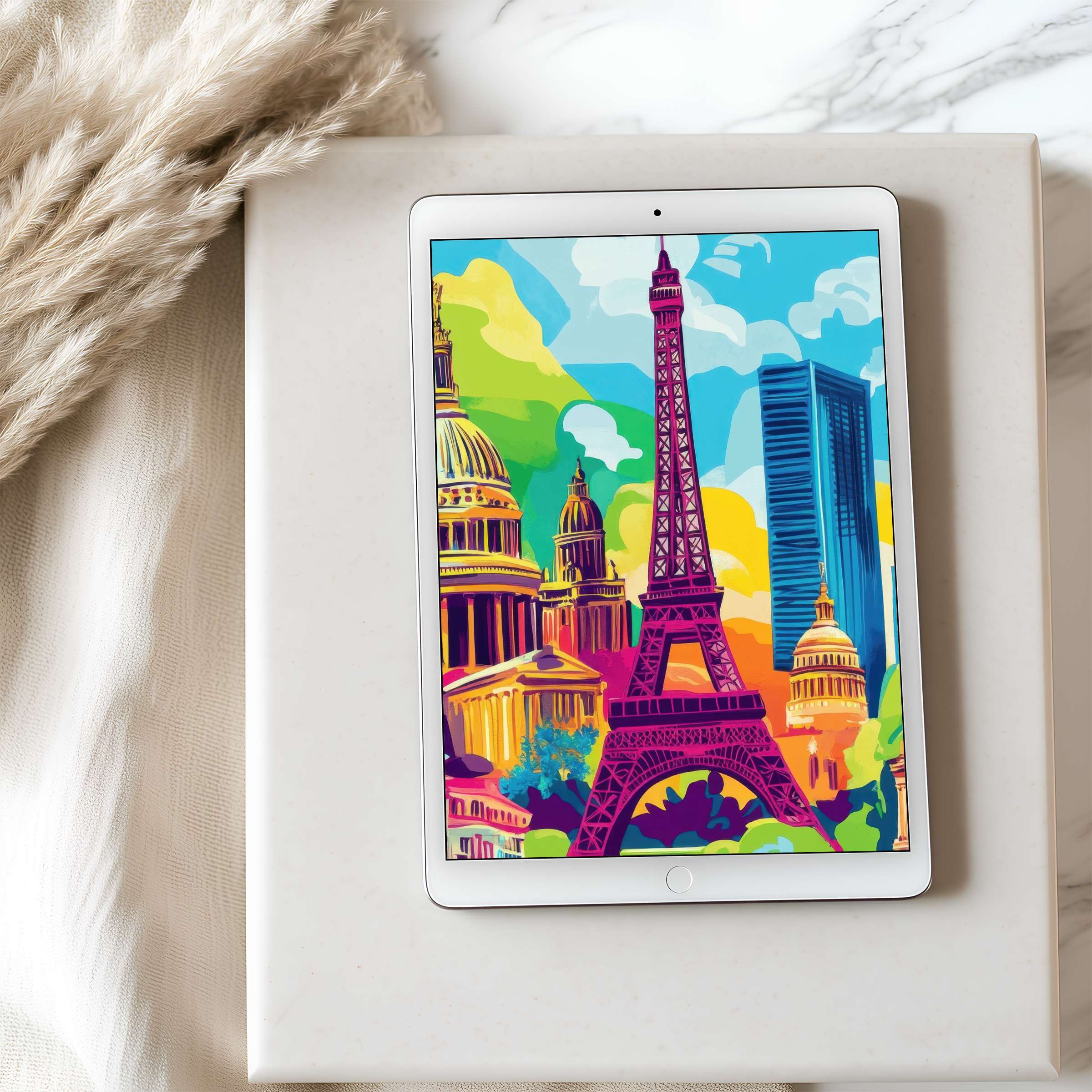 Vibrant cityscape tablet wallpaper; an inspiring high-resolution digital art download for iPad and Android tablets in a stylish interior