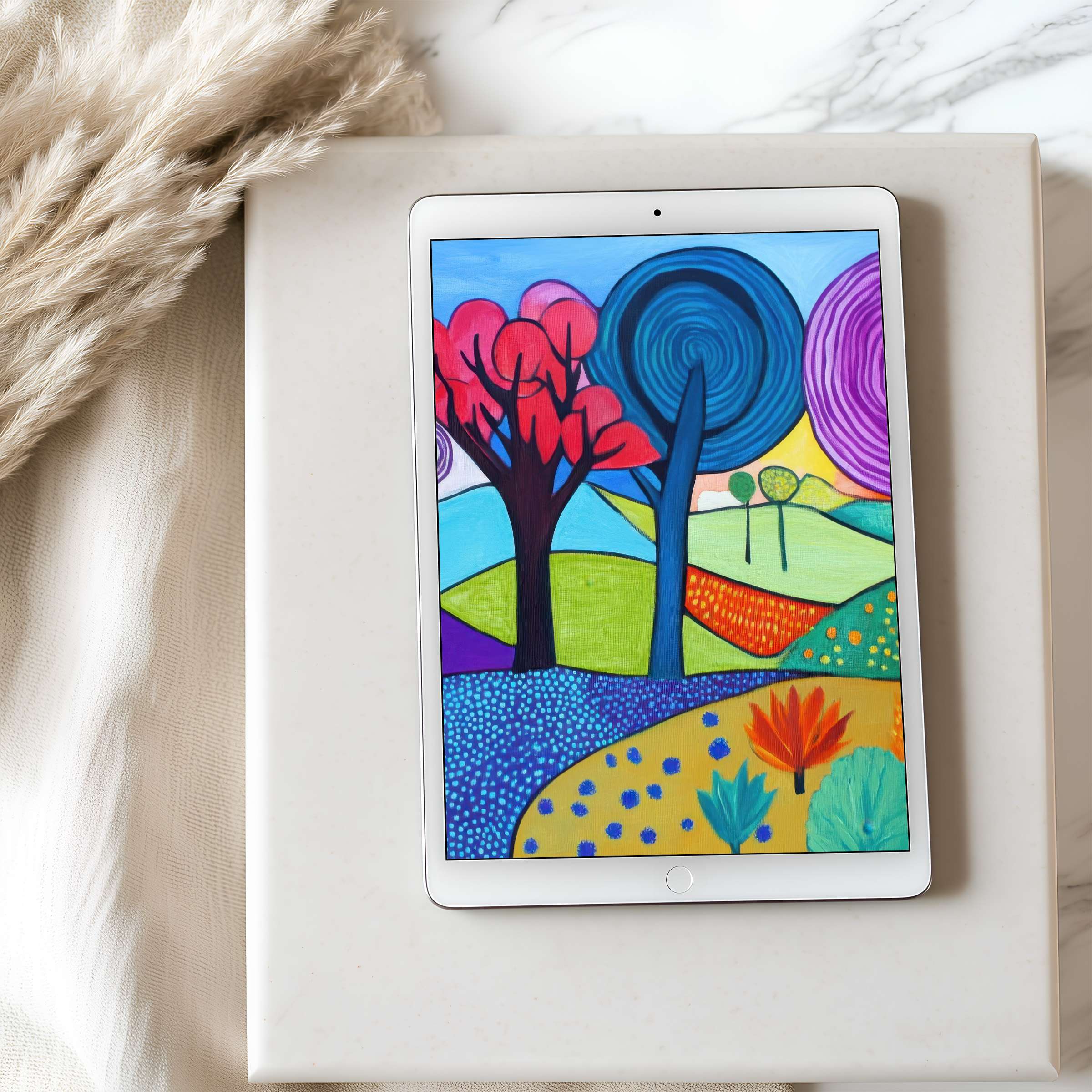 Vivid abstract trees on tablet wallpaper exude calm elegance, perfect for high-resolution iPad and Android displays, digital download