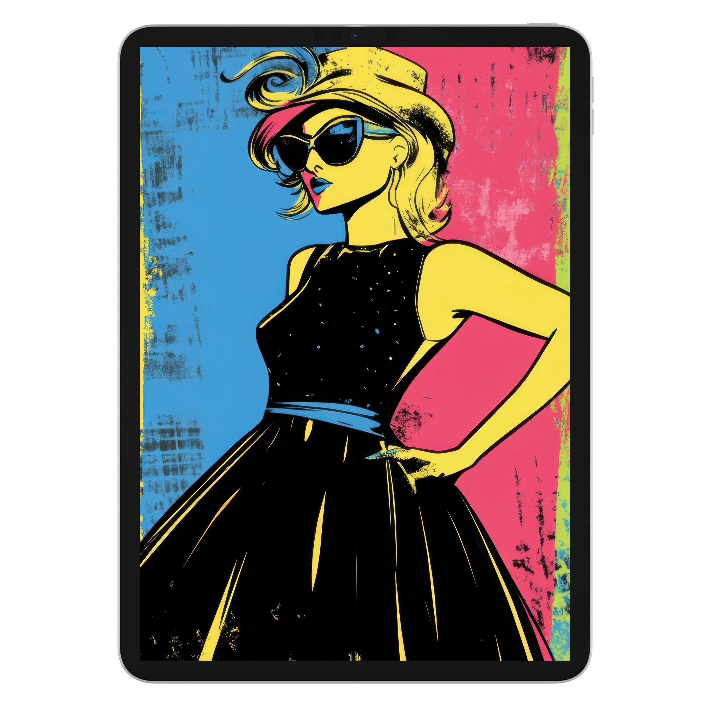 Vibrant pop art iPad wallpaper featuring a retro woman in yellow, blue, and pink Ideal digital download for a chic tablet background