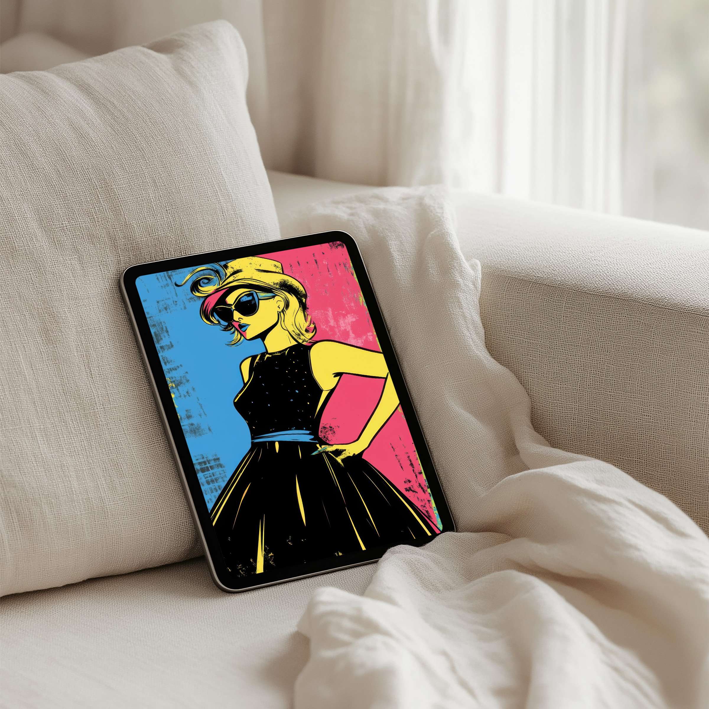 Vibrant pop-art iPad background with a fashionable figure exudes elegance on your tablet instant download for stylish serenity
