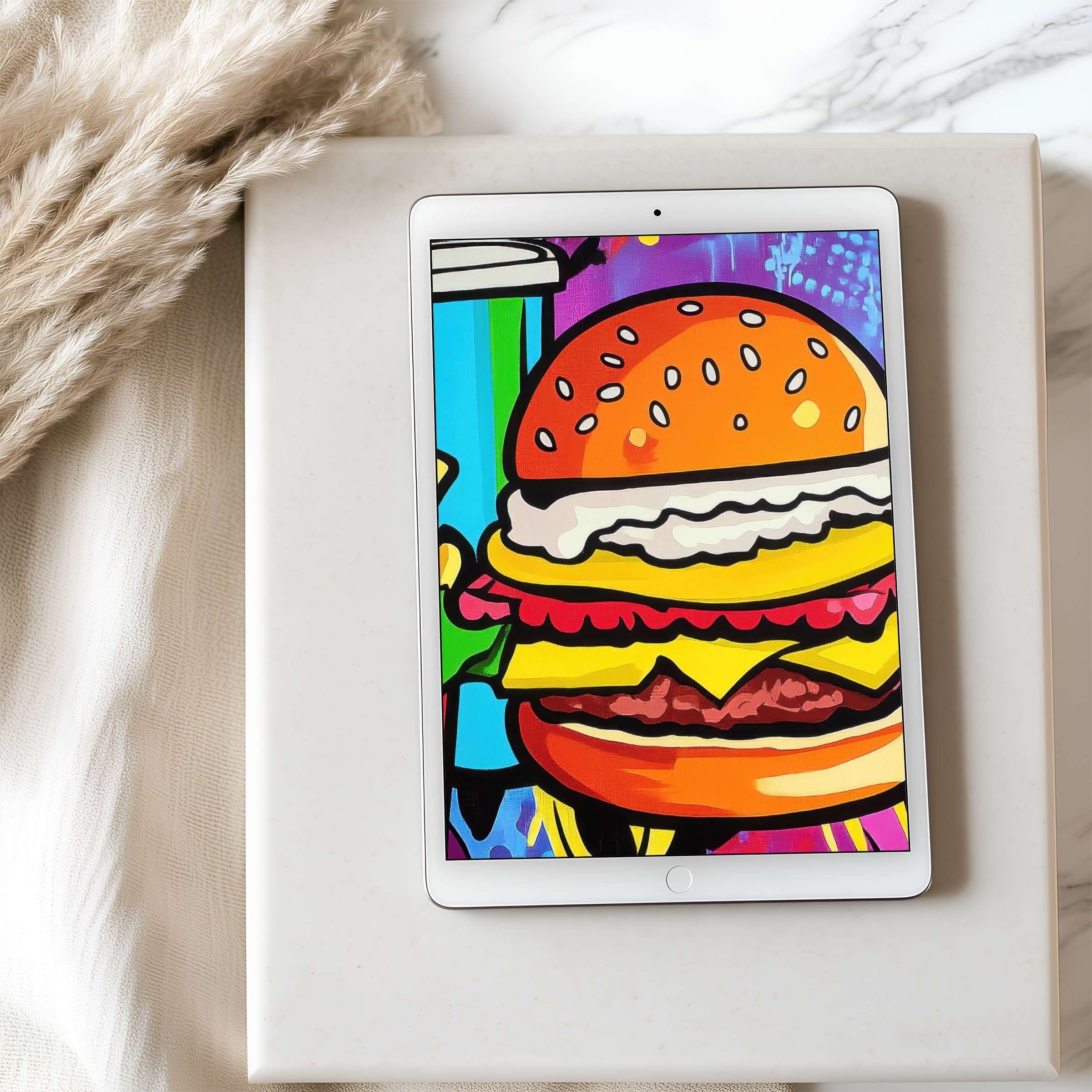 Vibrant pop art burger tablet wallpaper in high resolution adds playful elegance to any iPad or Android tablet download now
