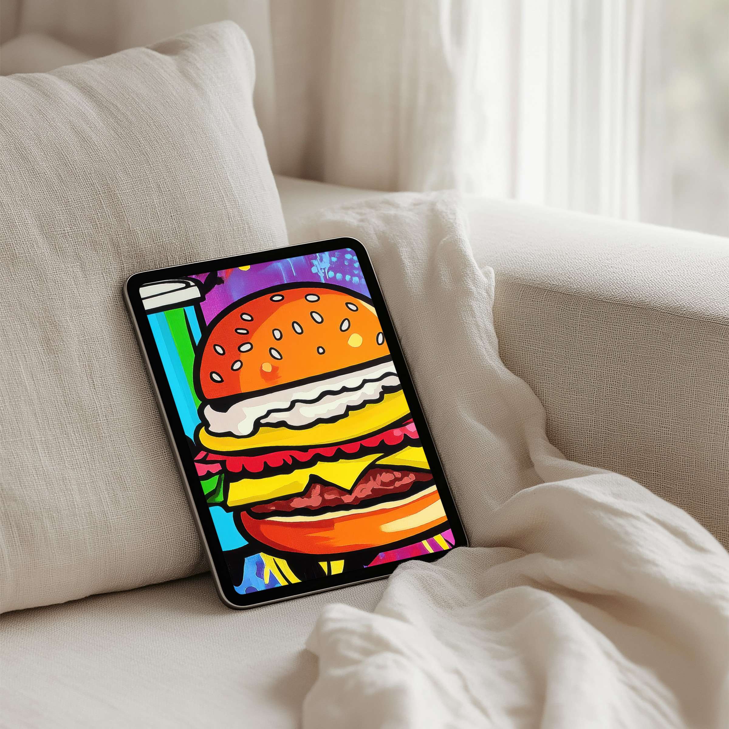 Vibrant pop art burger design as an iPad background offering instant download for tablets inspires creativity and modern elegance