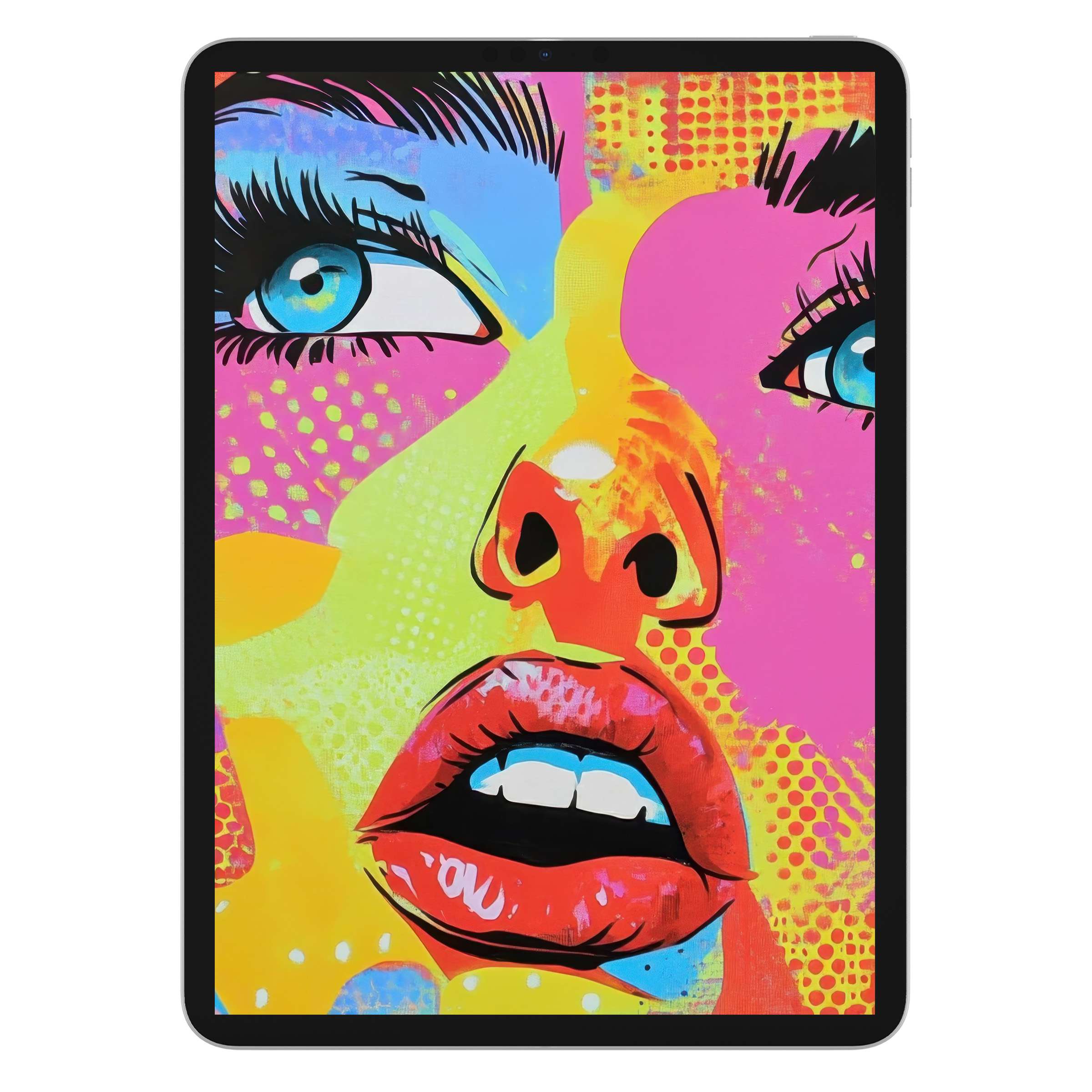 Vibrant pop art iPad wallpaper featuring bold colors and expressive visage, perfect digital download for any tablet background