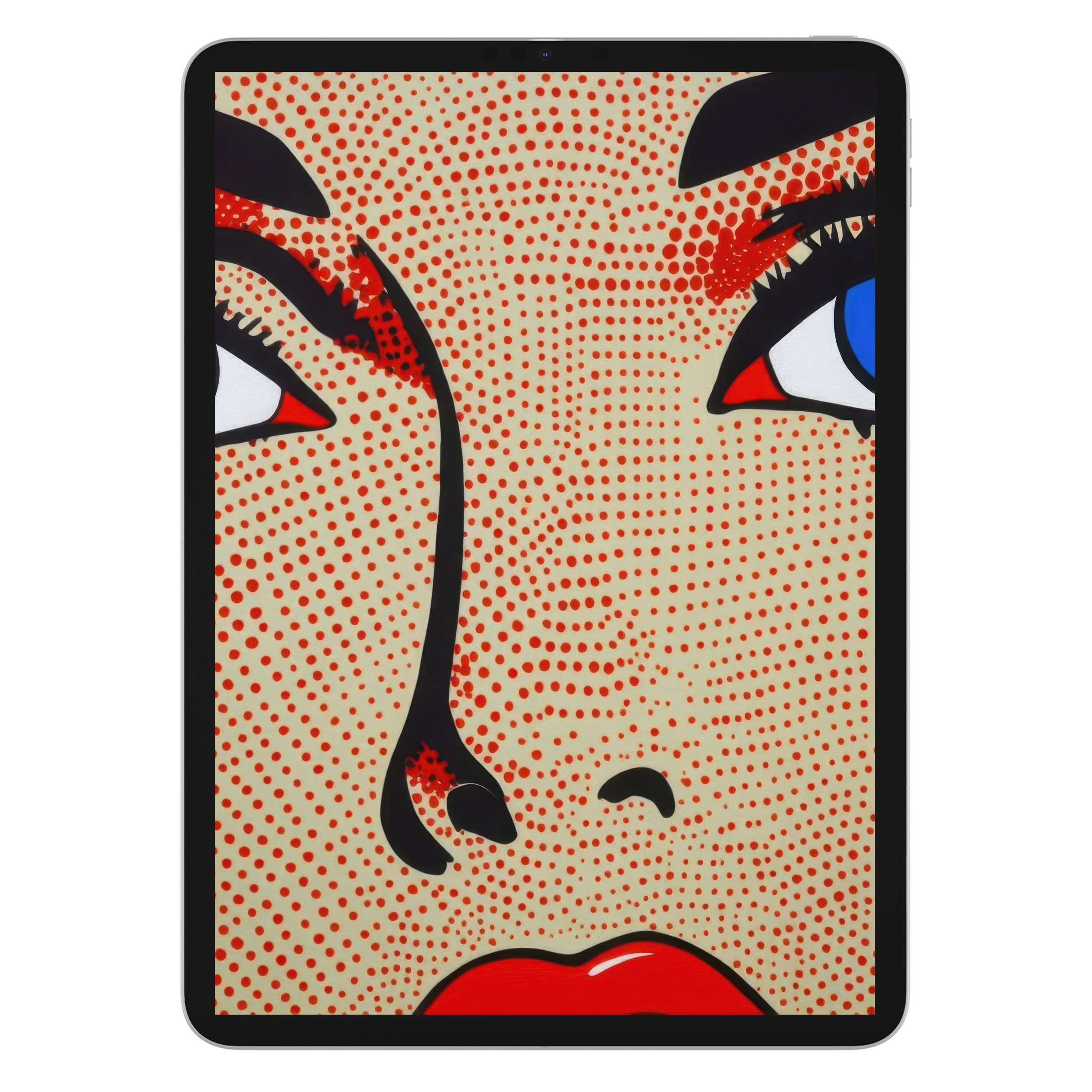 Pop art iPad wallpaper with bold reds and blues creates a captivating background for digital download on any tablet device