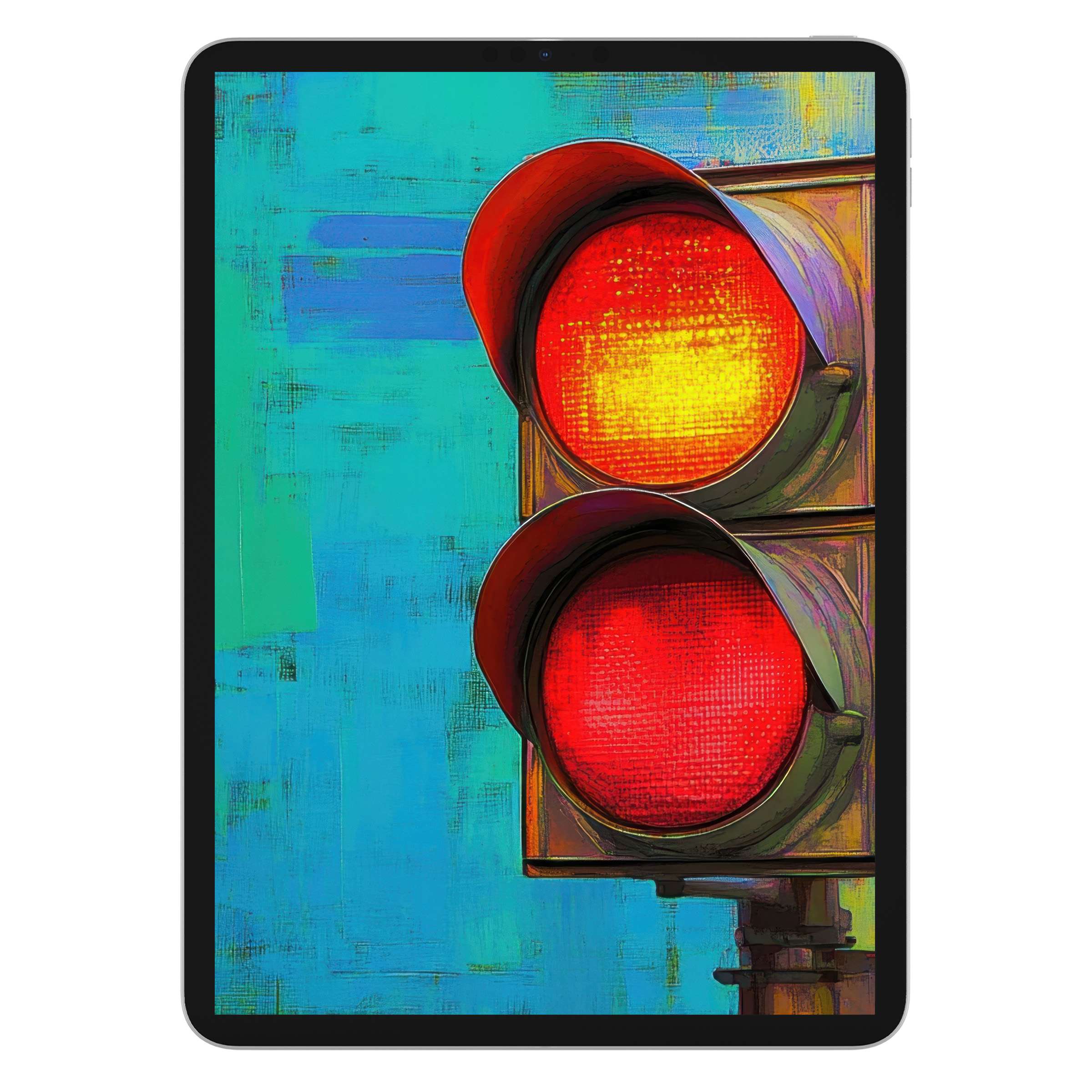 Vibrant pop art iPad wallpaper featuring a bold traffic light on a turquoise background, ideal digital download for all tablet devices