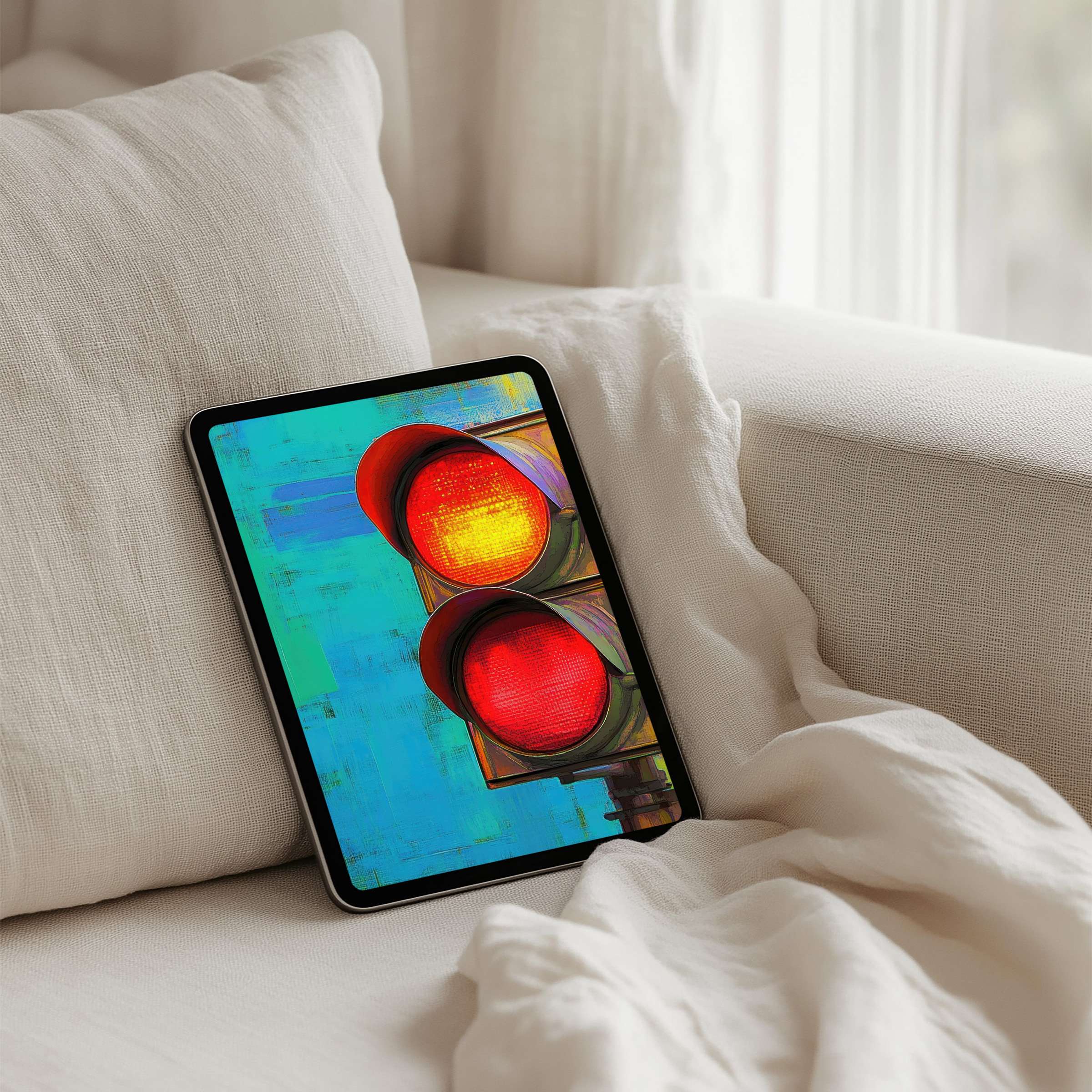 Elegant traffic light art with vibrant reds and blues for iPad background instant download fits Samsung and Android tablets adding calm