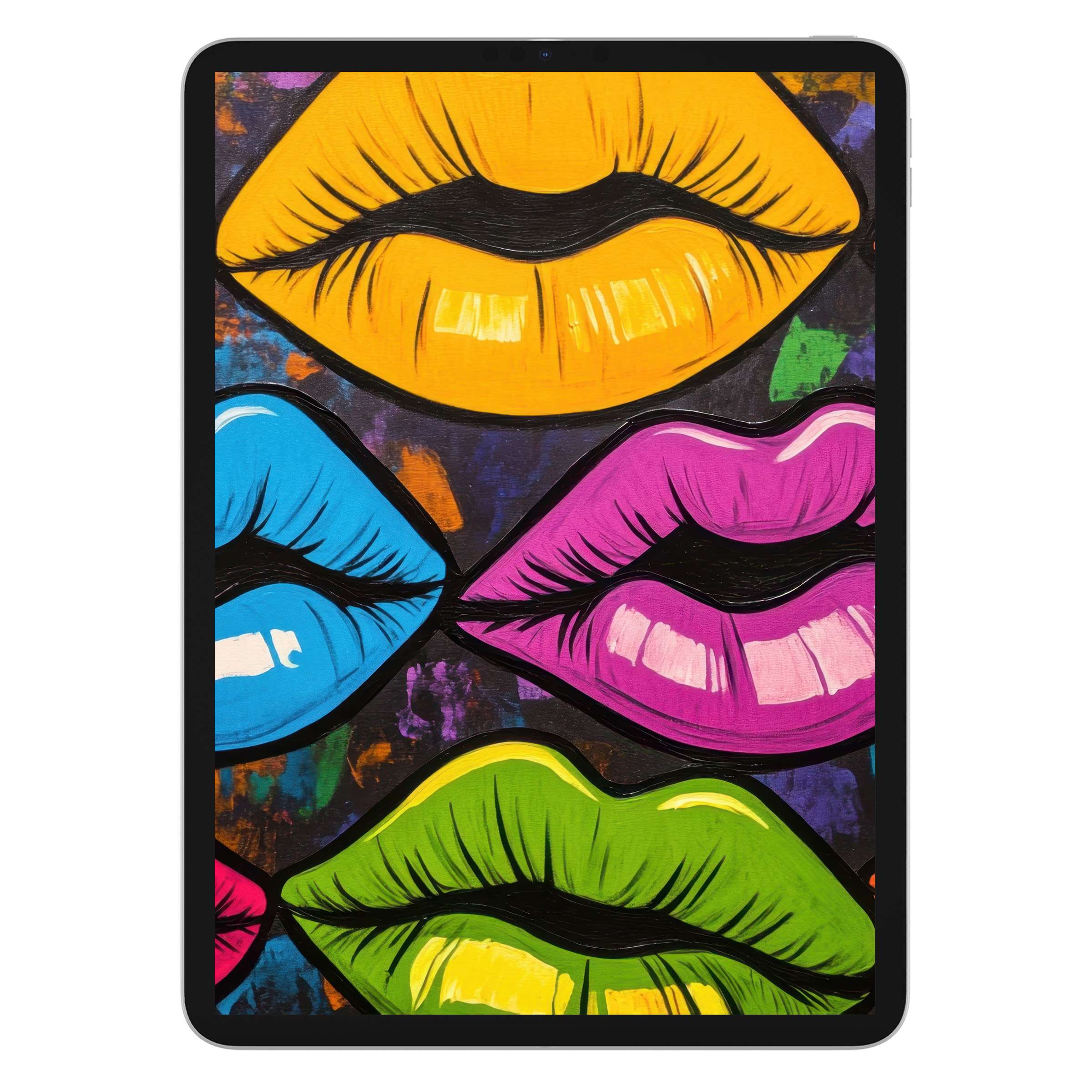 Vivid pop art iPad wallpaper with colorful lips offers an elegant digital download for a calm, stylish tablet background
