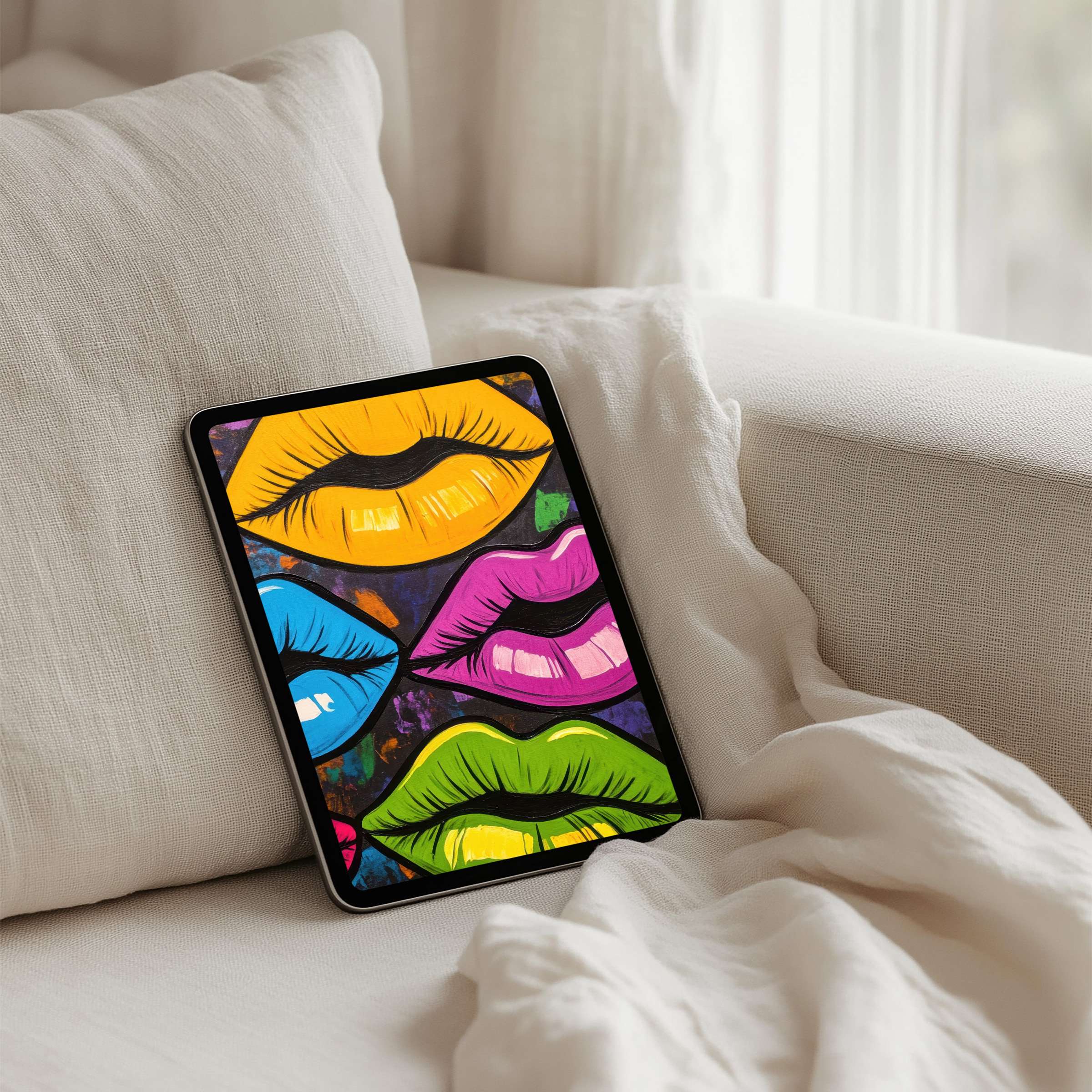 Vibrant pop art lips on iPad background for instant download offers calm, elegance for any tablet including Samsung and Android