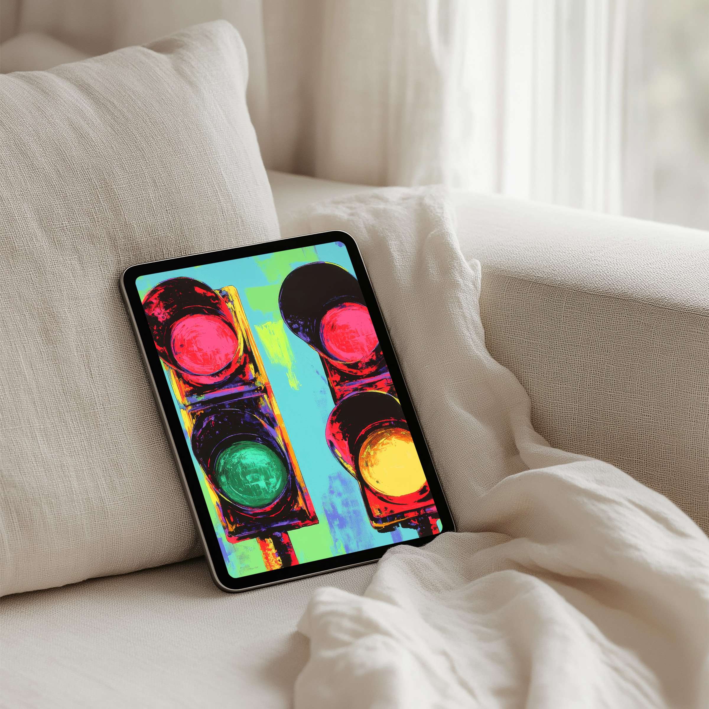 Vibrant traffic light pop art iPad background on cozy white couch inspires mindfulness elegant living instant download for tablets