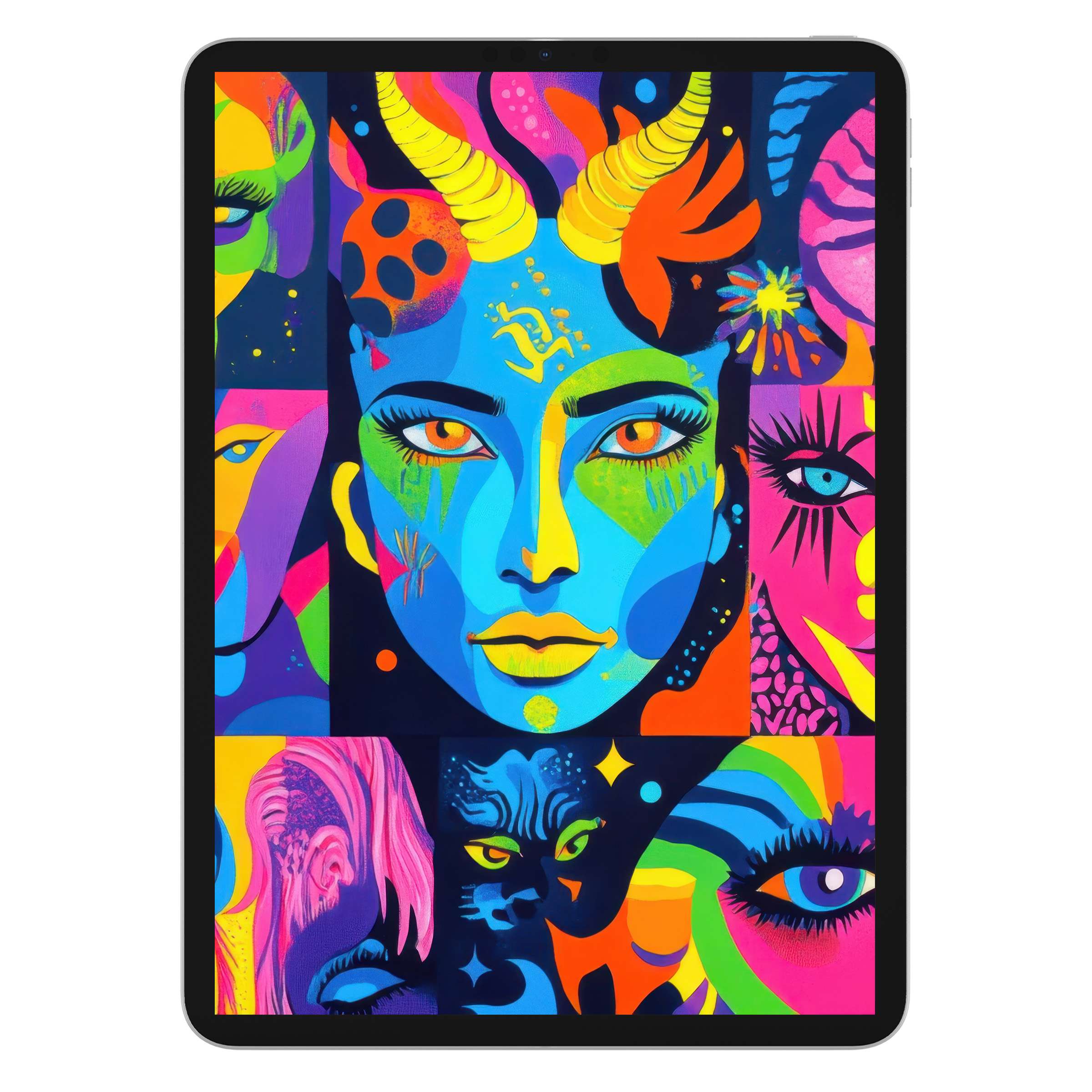 Vibrant pop art iPad wallpaper in bold neon hues and abstract patterns offers a lively tablet background, perfect for digital download