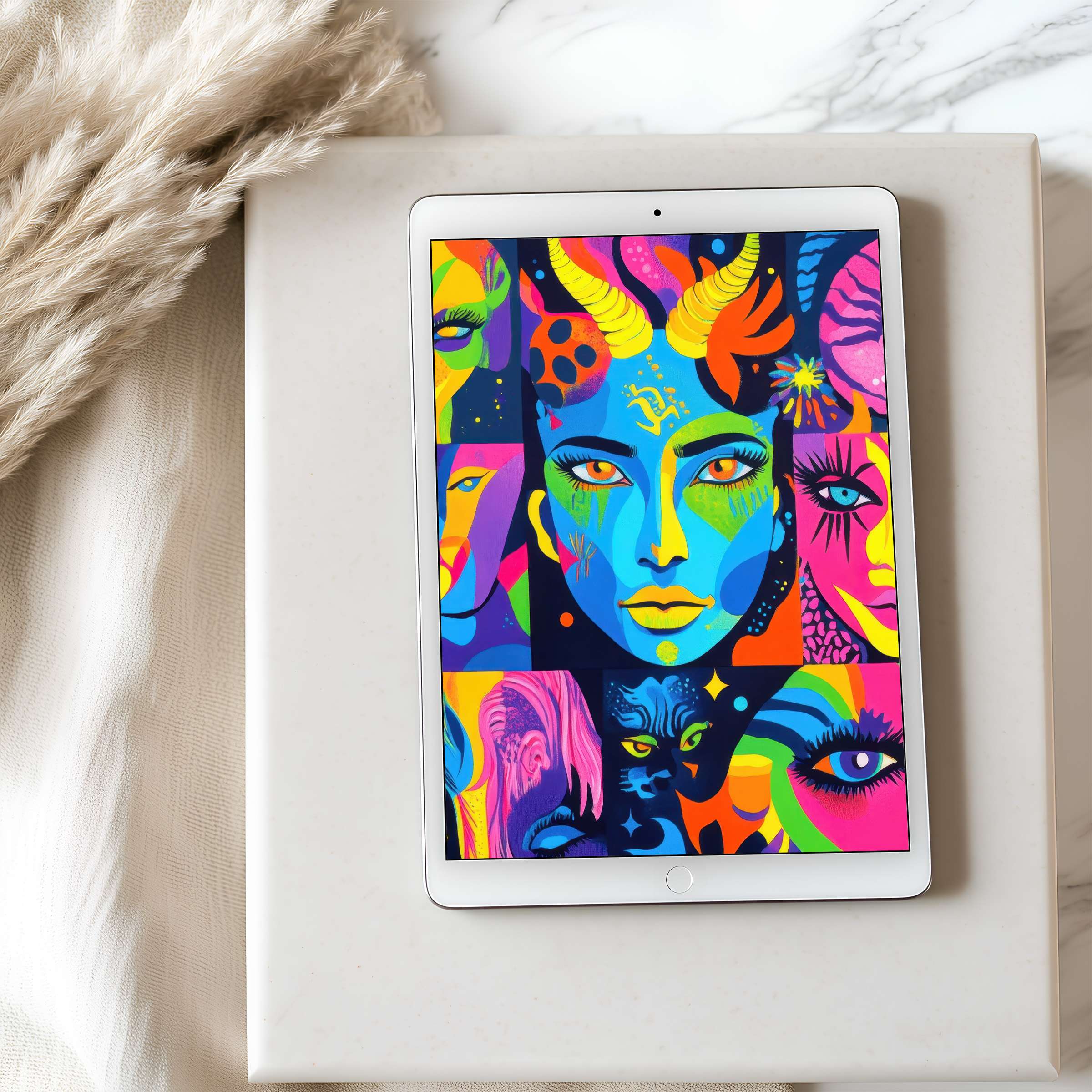 Vibrant abstract face motifs on tablet wallpaper, ideal for iPad or Android tablets, evoke creativity and tranquility in digital format