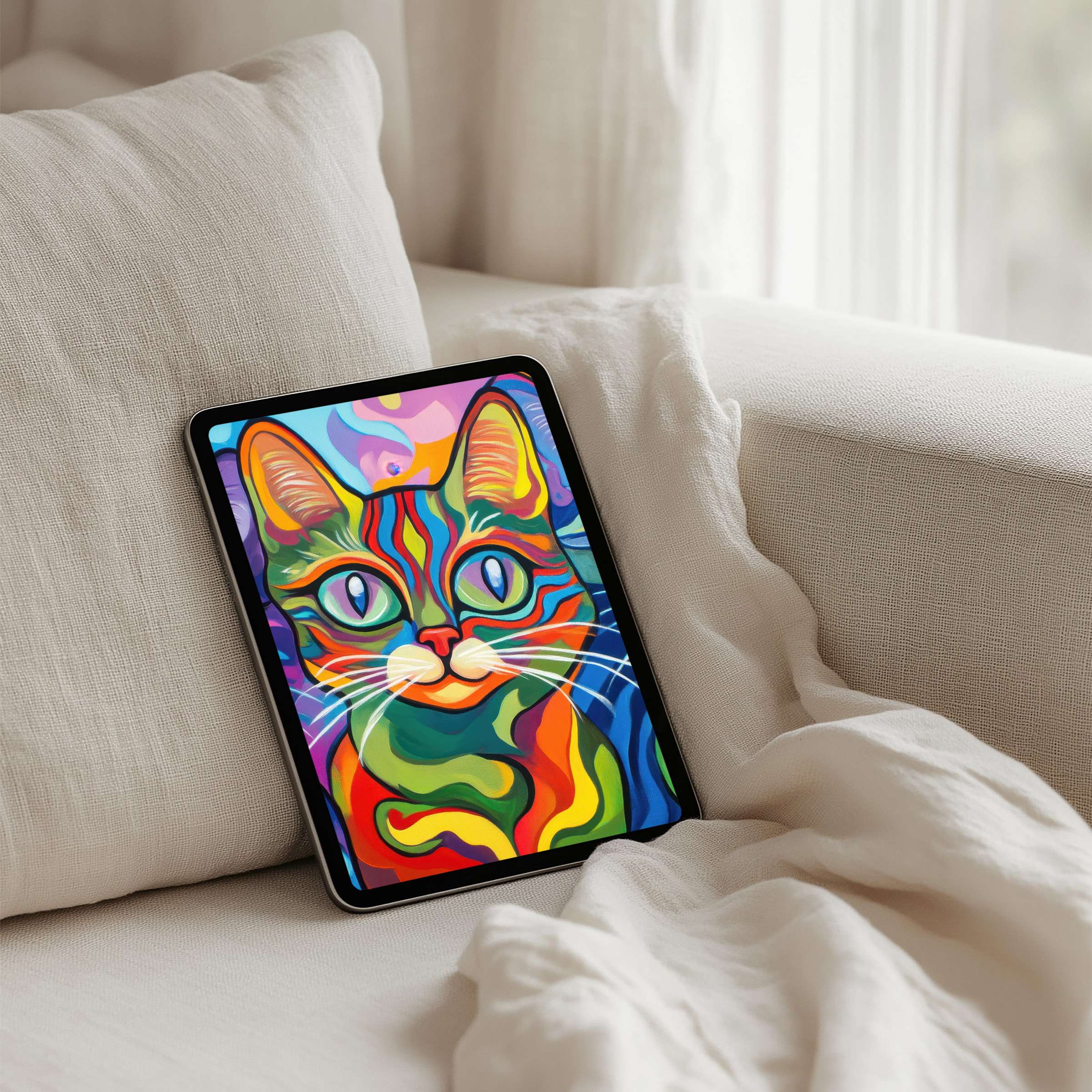 Vibrant multicolor cat illustration for elegant iPad background or tablet screen promising calm inspiration and instant download