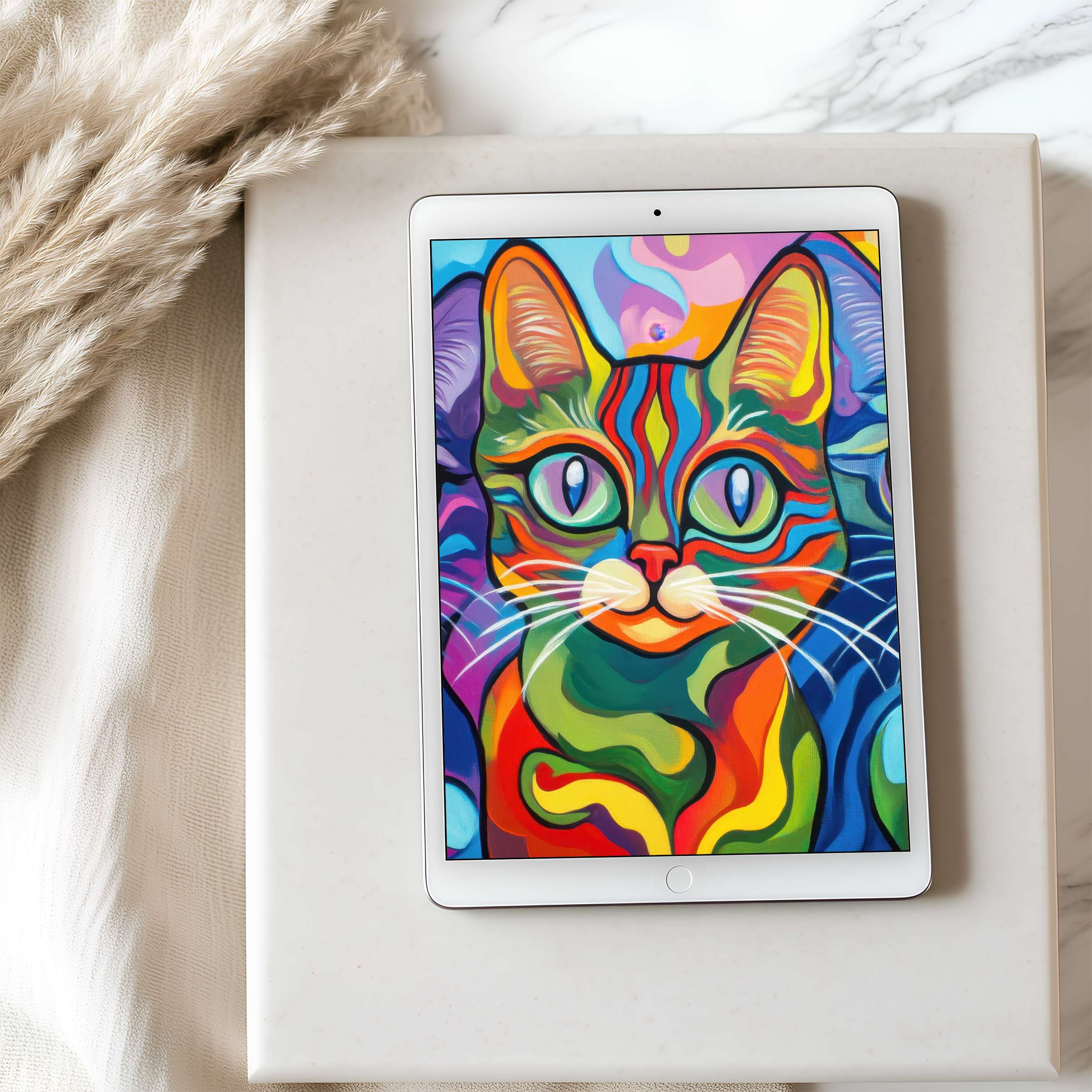 Colorful cat artwork tablet wallpaper complements serene interiors with high resolution for iPad and Android tablets, digital download