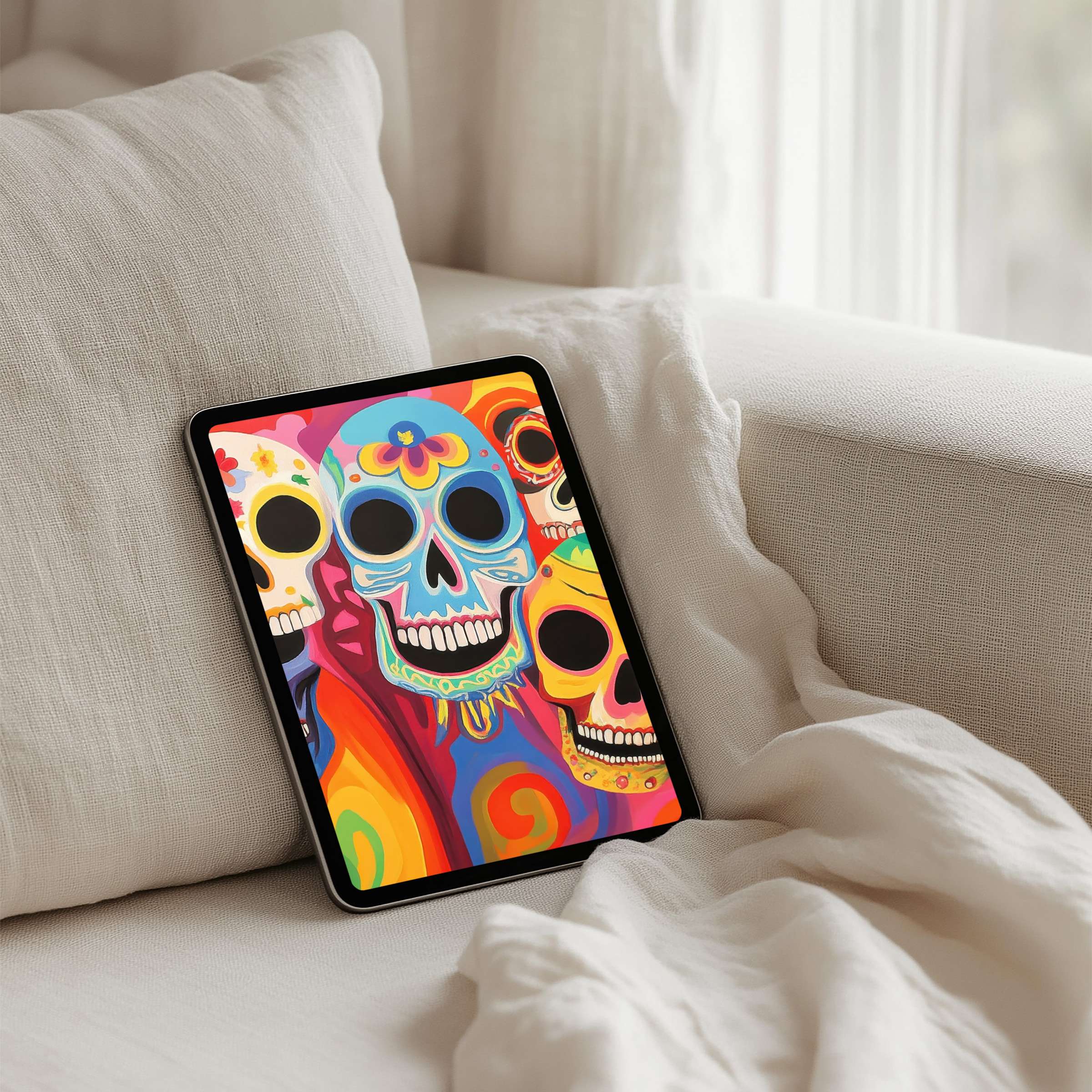 Vibrant skull art iPad background offers an elegant, colorful touch, ideal for peaceful, artistic tablet display and instant download