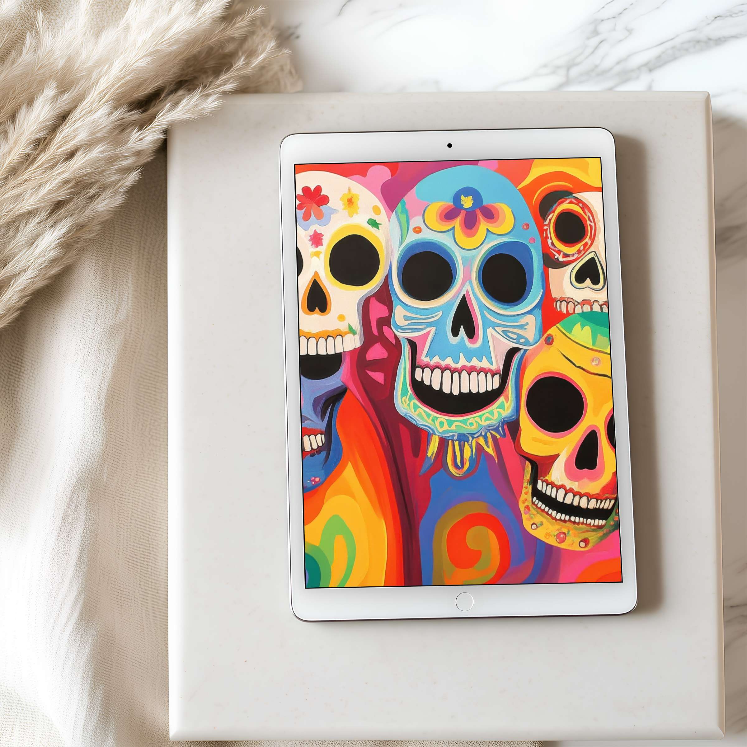 Vibrant skull art tablet wallpaper in high resolution, perfect for iPad or Android, bringing color and calm to your digital space
