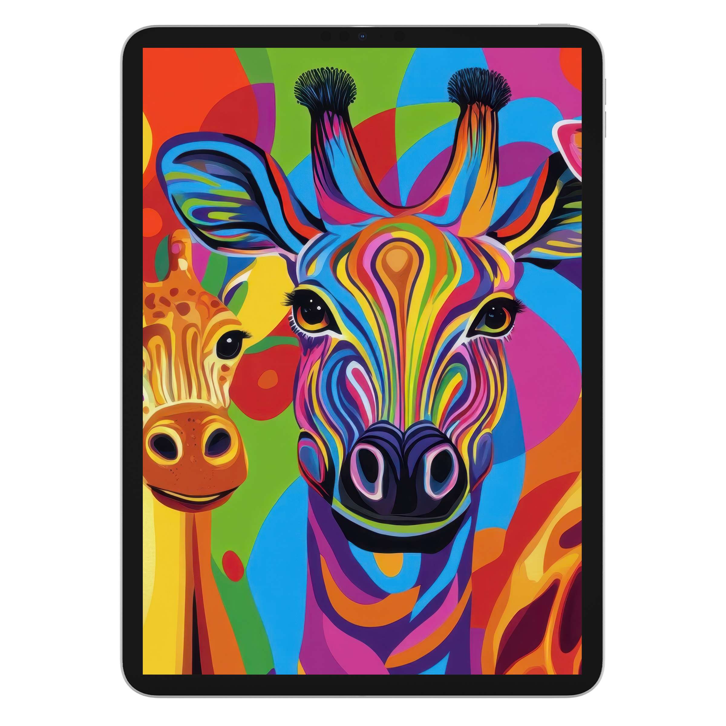 Vibrant pop art iPad wallpaper featuring colorful giraffes, perfect digital download for elegant tablet background design and decor