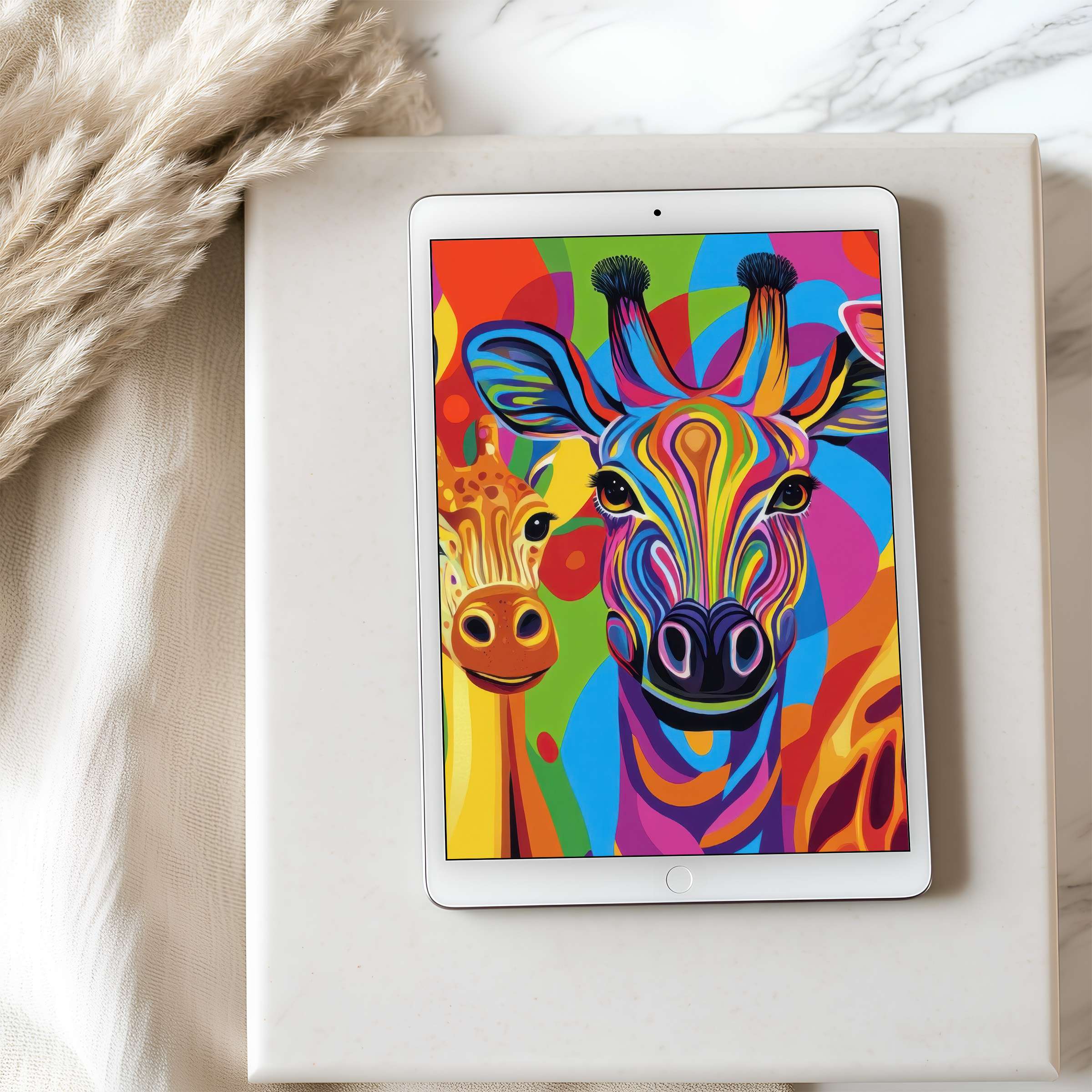 Vibrant abstract giraffe tablet wallpaper in high resolution, perfect for an elegant digital download, complements serene interiors