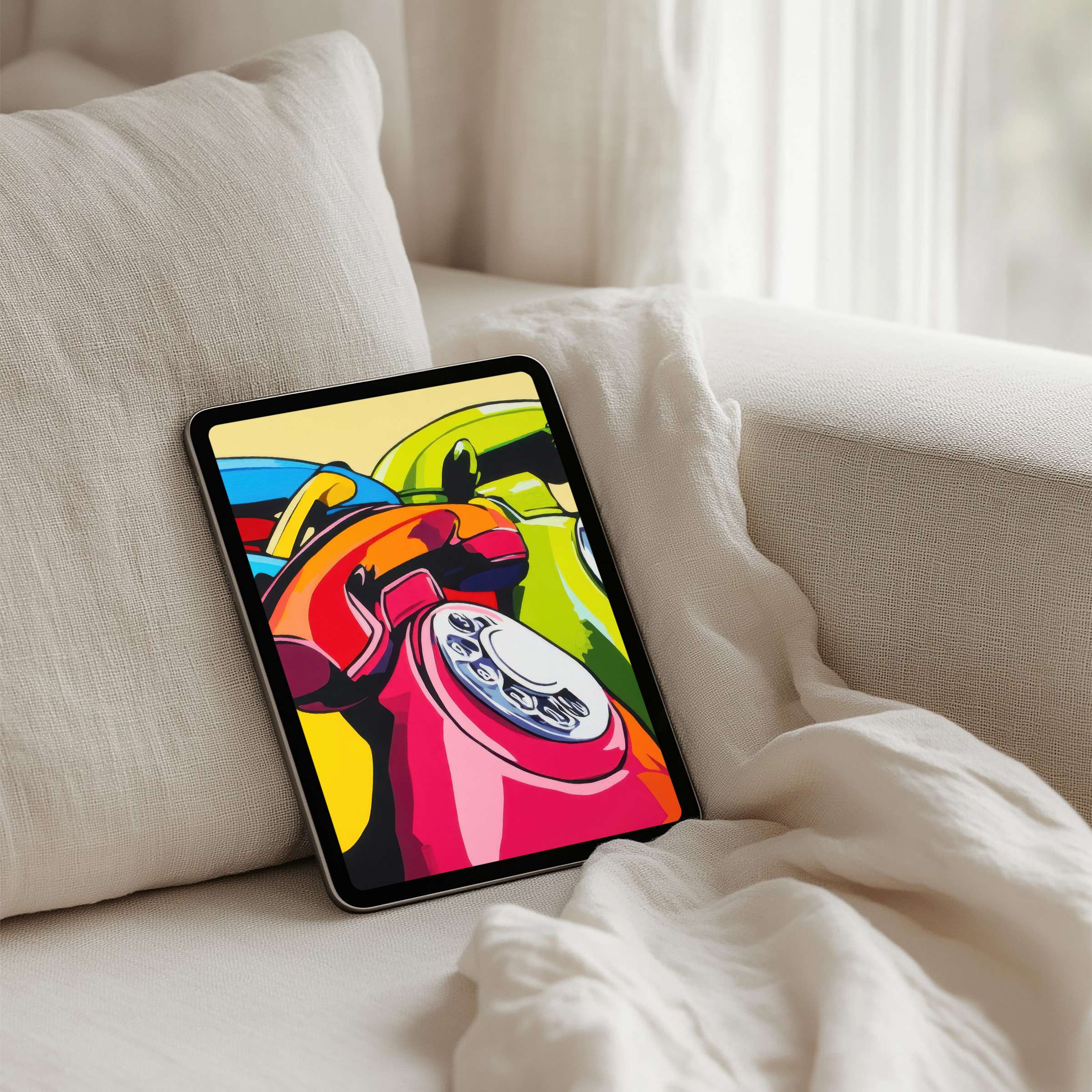 Vibrant pop art iPad background featuring colorful vintage phones evokes nostalgia and calm available for instant download for any tablet