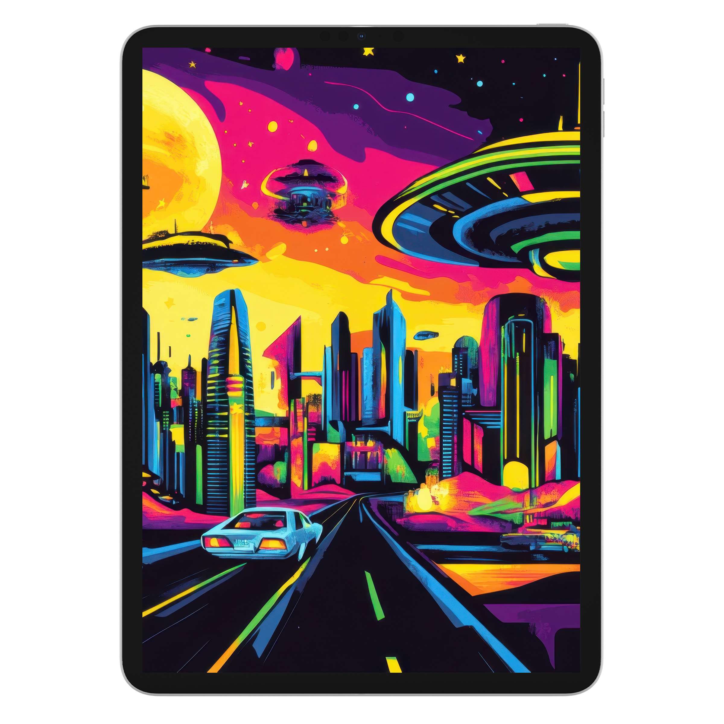 Vibrant pop art iPad wallpaper in neon hues, perfect digital download for enhancing tablet background with futuristic city aesthetics