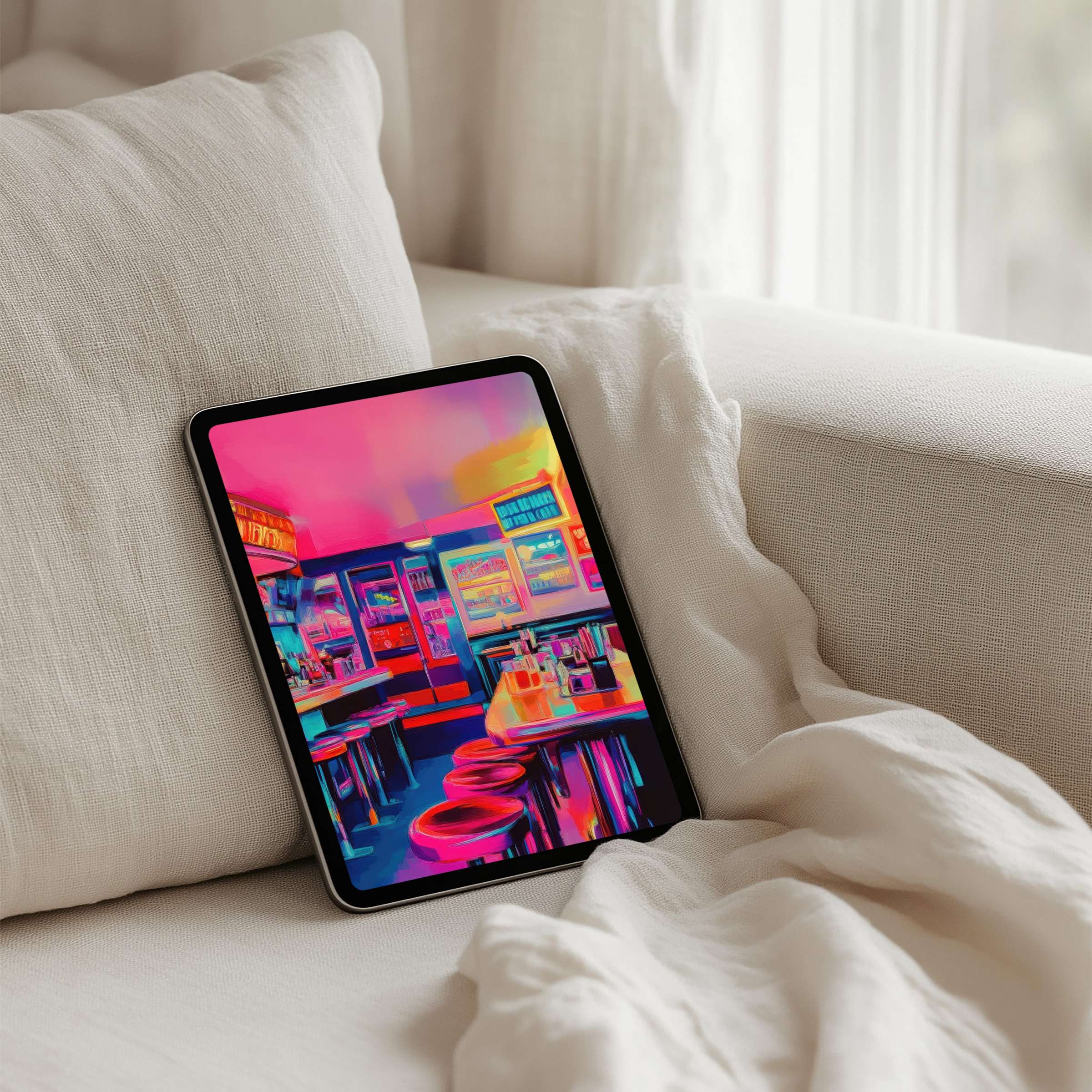 Vibrant diner-inspired iPad background offering instant download for tablet, blending neon hues with serene elegance, fostering inspiration