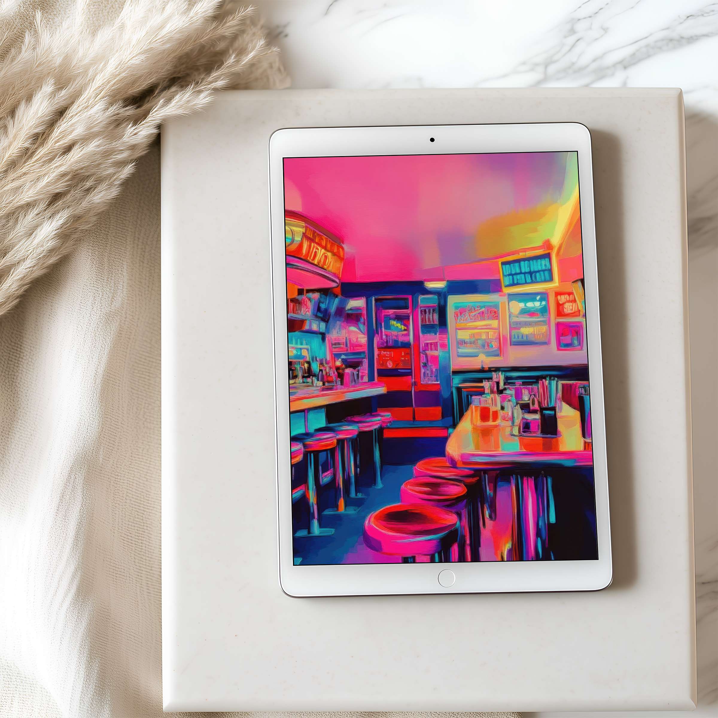 Vibrant retro diner art as tablet wallpaper in high resolution offers a colorful escape, perfect for iPad and Android tablets