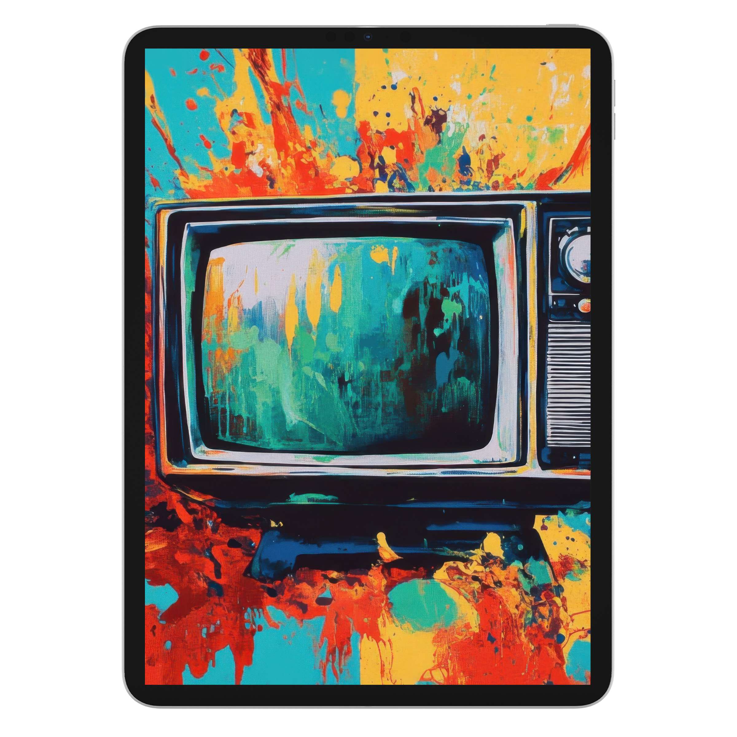 Vibrant pop art iPad wallpaper with retro TV, abstract splashes in teal, yellow, and orange, perfect digital download for tablet background