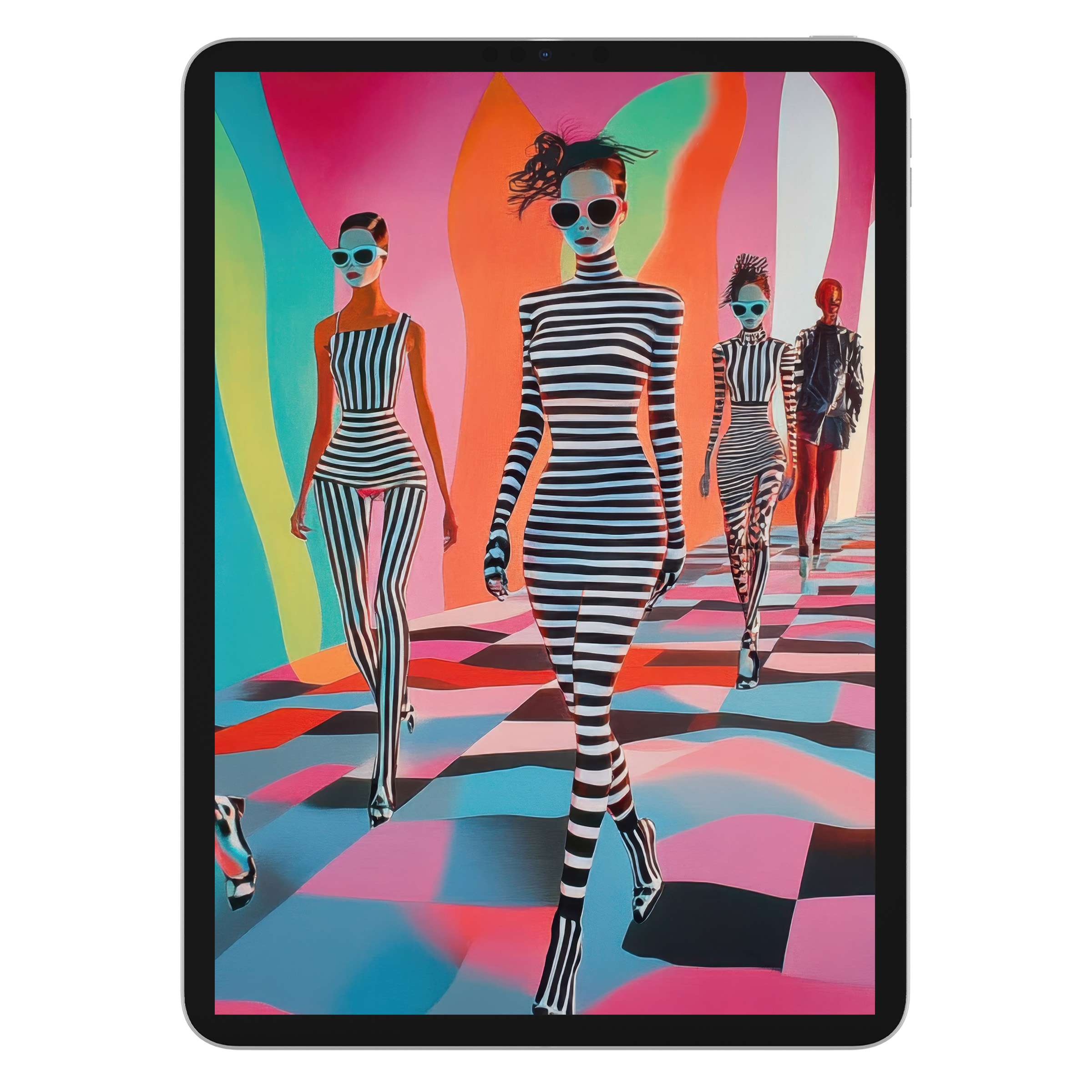 Vibrant pop art iPad wallpaper with bold stripes and vivid colors, a digital download perfect for tablet backgrounds, enhancing creativity