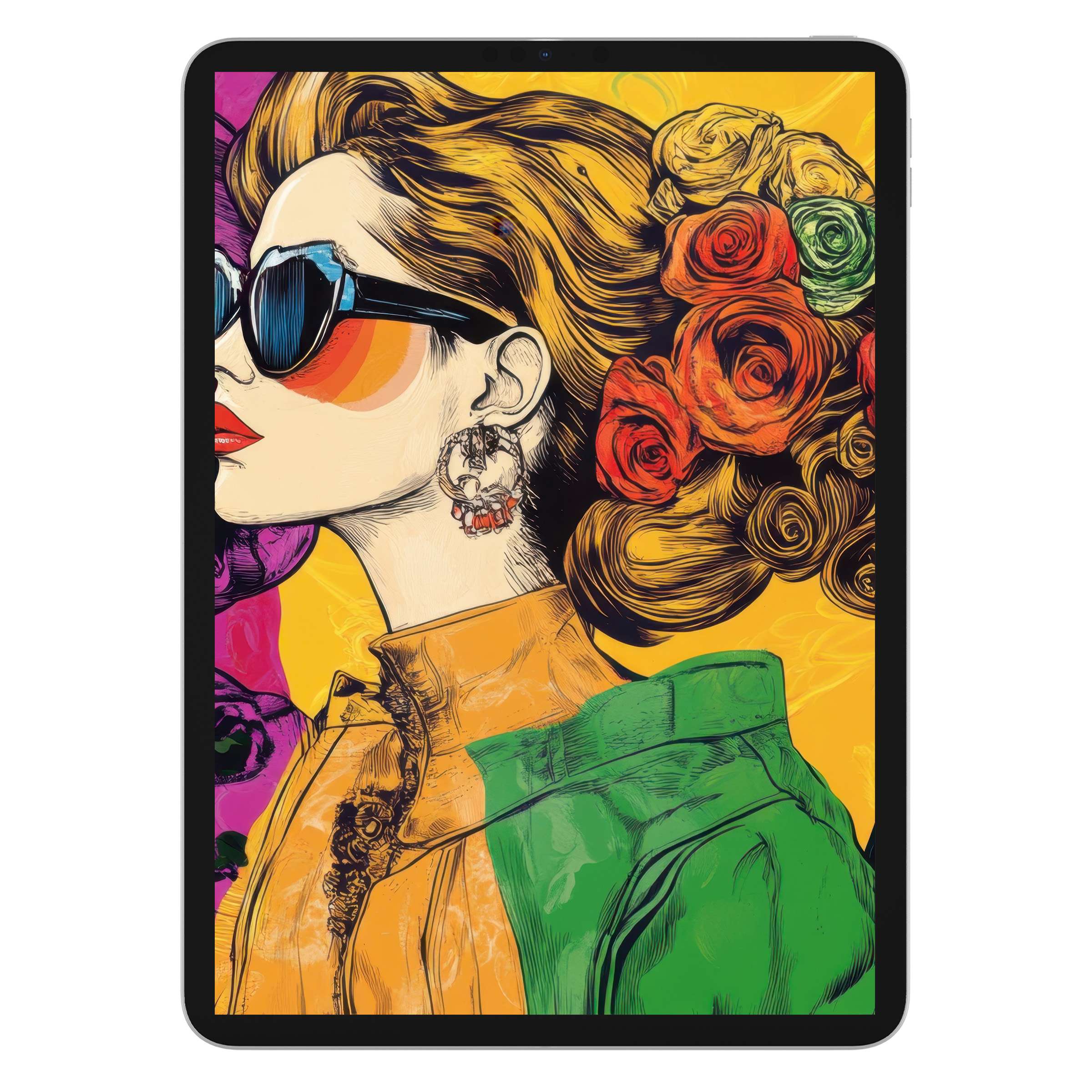 Vibrant pop art iPad wallpaper featuring elegant woman with colorful roses, perfect digital download for stylish tablet background artistry